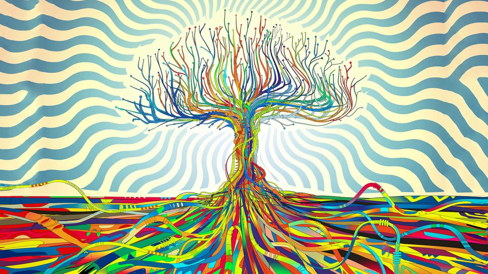 在波浪背景前，一棵色彩繽紛的抽象樹木，帶有旋轉的根和枝條。