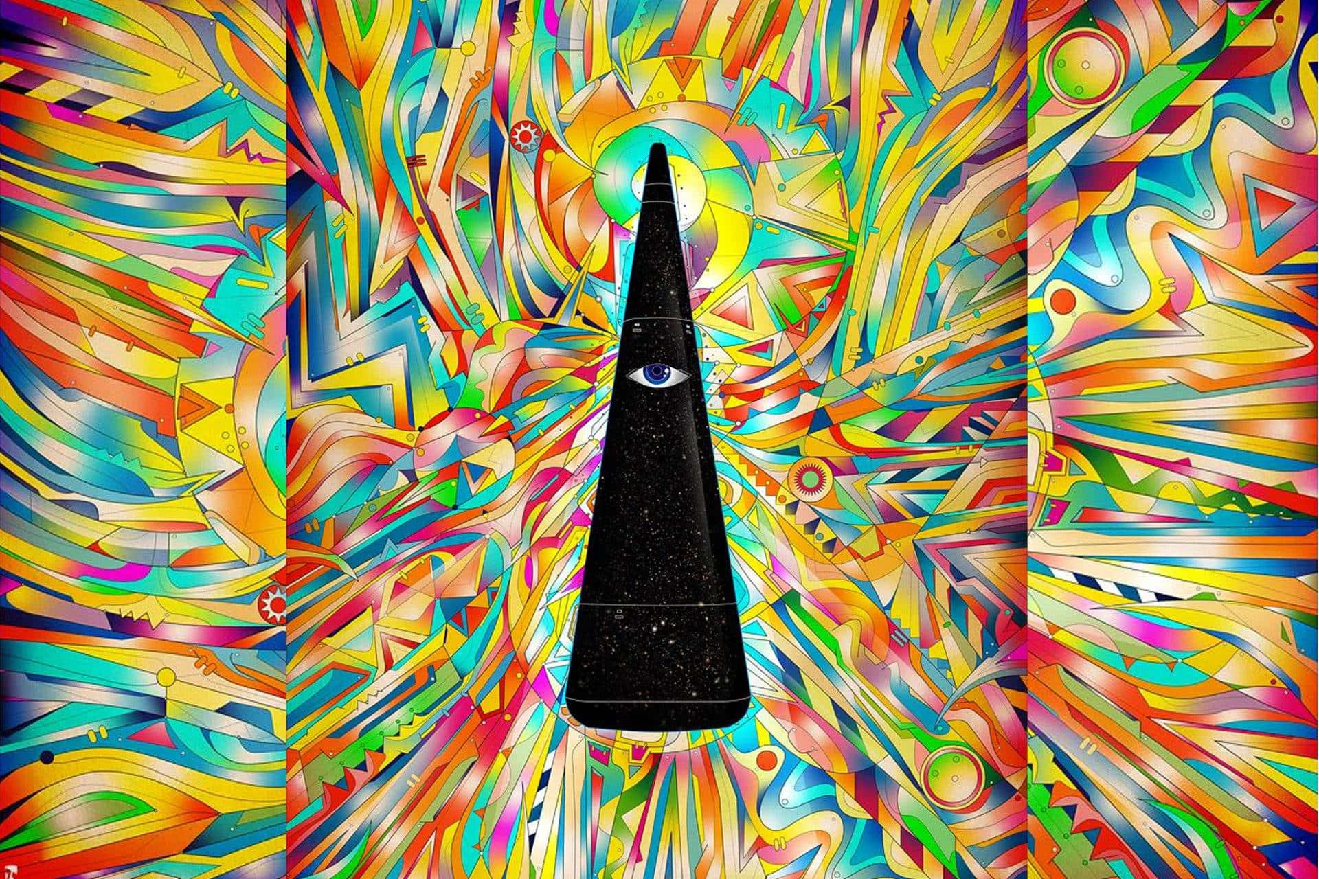 迷幻色彩與抽象圖形構成的迷人藝術視覺 壁紙 — 一座黑色金字塔，頂端有一隻眼睛，居中而立，背景是充滿活力的迷幻爆炸，由旋轉的幾何圖案和絢麗色彩構成。