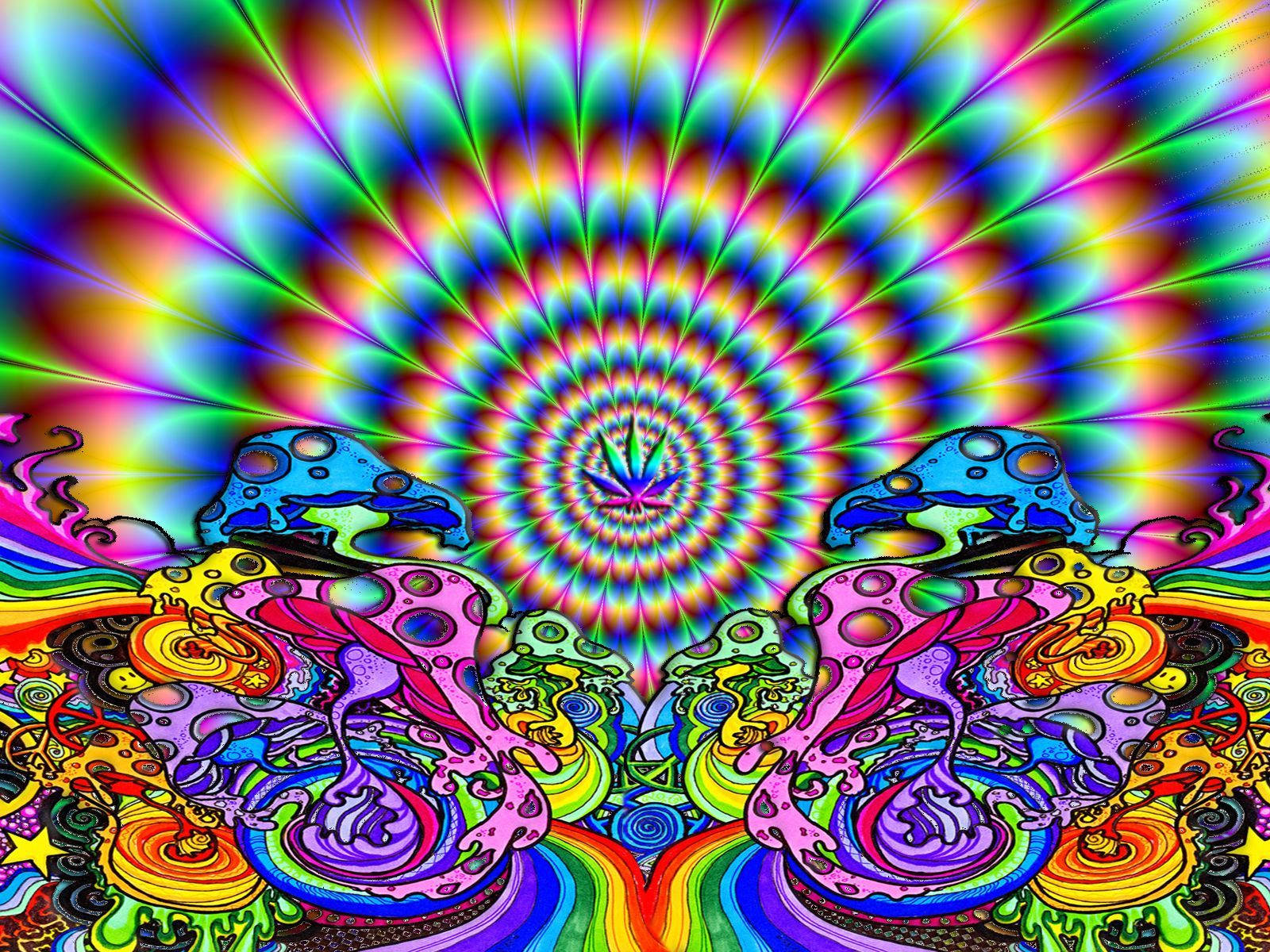 在超現實的數碼藝術場景中，迷幻蘑菇在彩虹漩渦下發光。