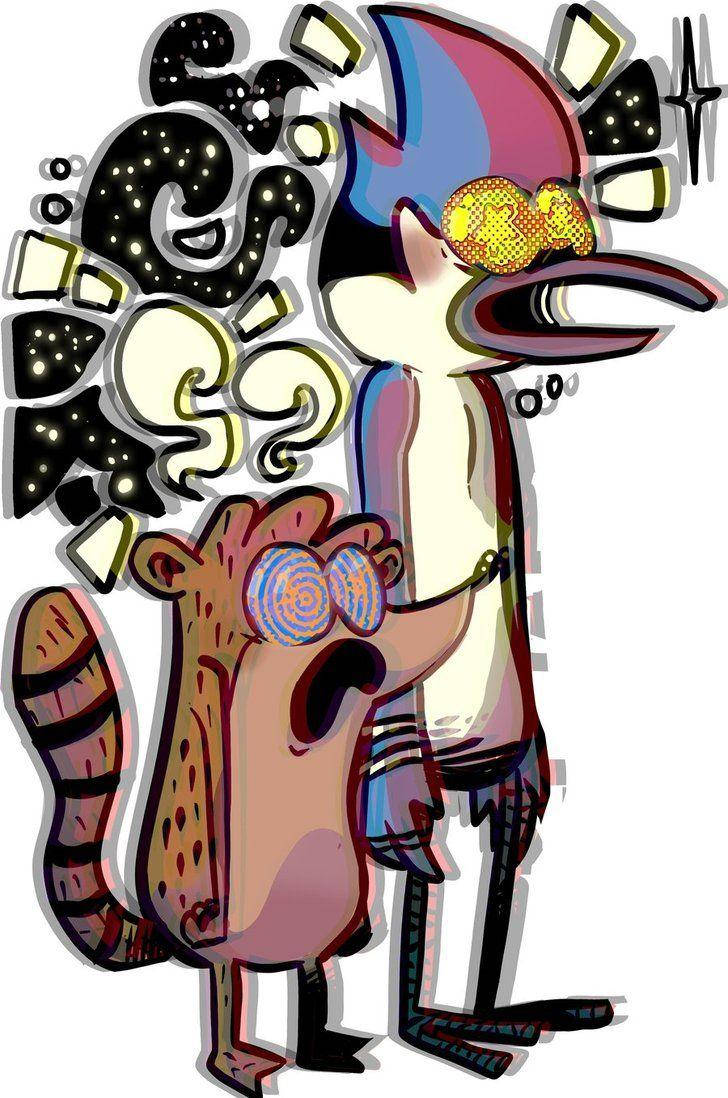 迷幻莫德凱與里格比 壁紙 — 兩隻卡通動物戴著迷幻眼鏡，混亂的漩渦從它們的頭部迸發出來，形成一幅充滿活力、超現實的數位插圖。