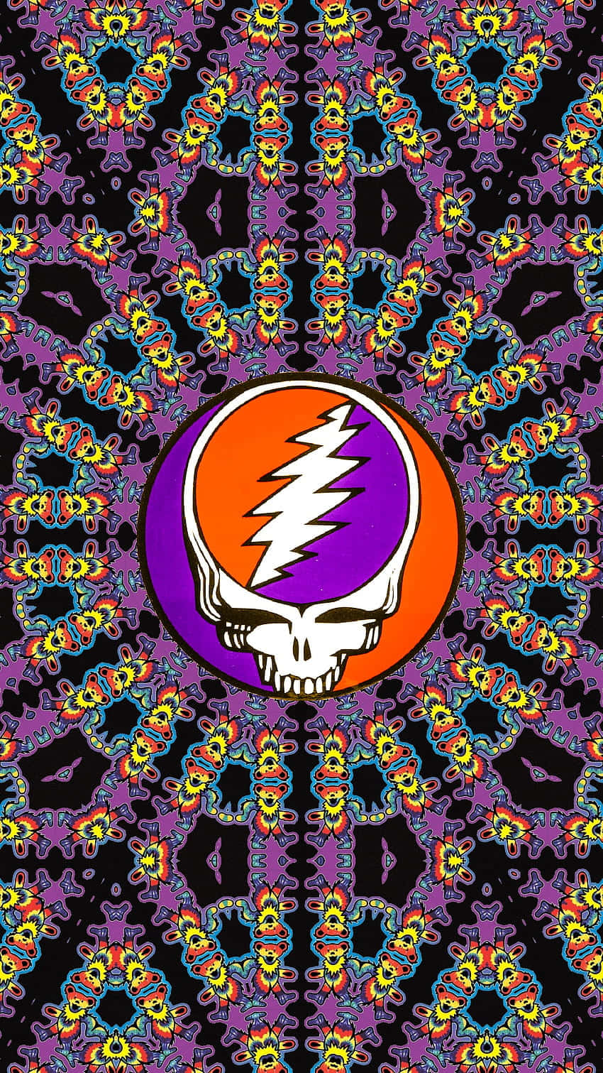 橙色和紫色的Grateful Dead骷髏標誌，被迷幻圖案包圍。