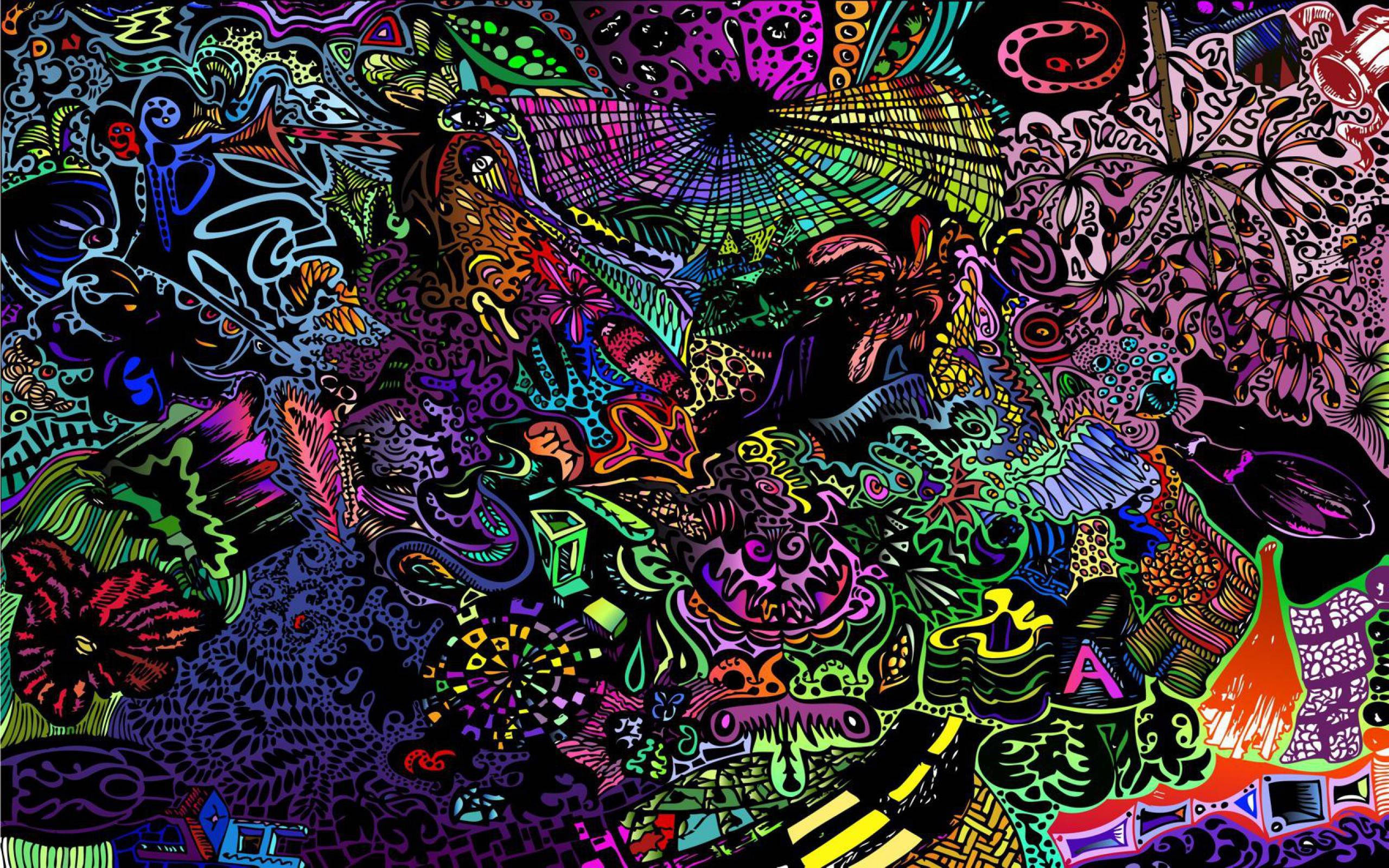 迷幻藝術氣息 壁紙 — 充滿活力的迷幻插圖，在深色背景上迸發出旋轉圖案和霓虹色彩。