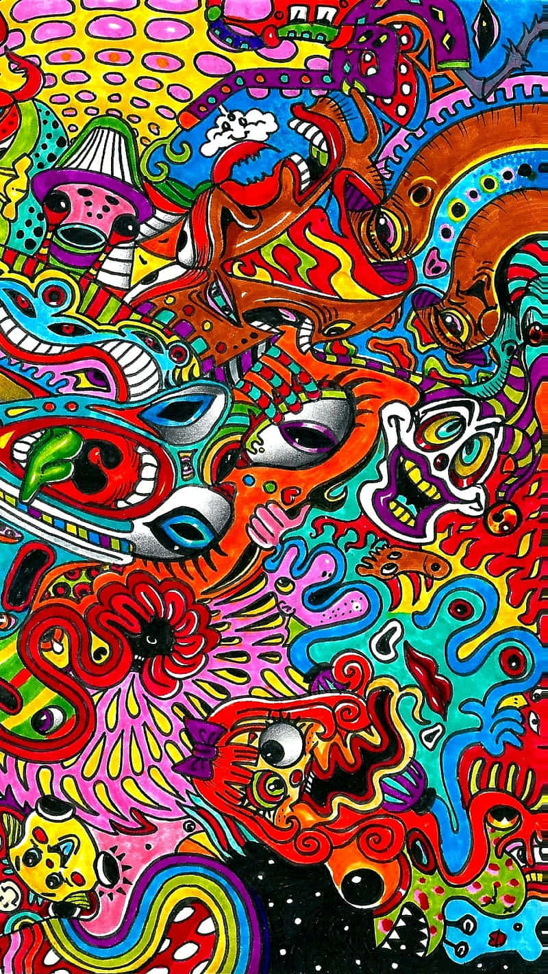 迷幻蘑菇帶來獨特的視覺體驗 壁紙 — 充滿色彩繽紛抽象生物和超現實圖案的迷幻插圖。