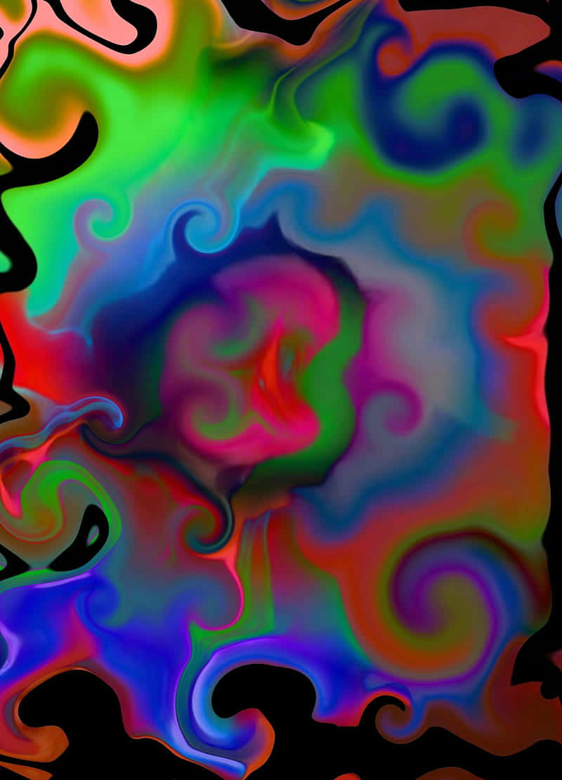 迷幻蘑菇提供迷幻體驗 壁紙 — 充滿活力的迷幻霓虹色彩漩渦在黑色背景上相互融合。