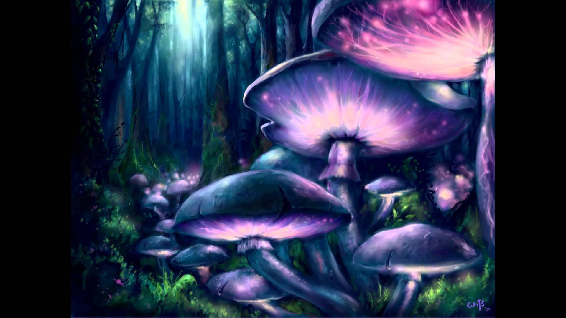 神秘森林中發光的紫色蘑菇，藍光穿過樹木照射下來。
