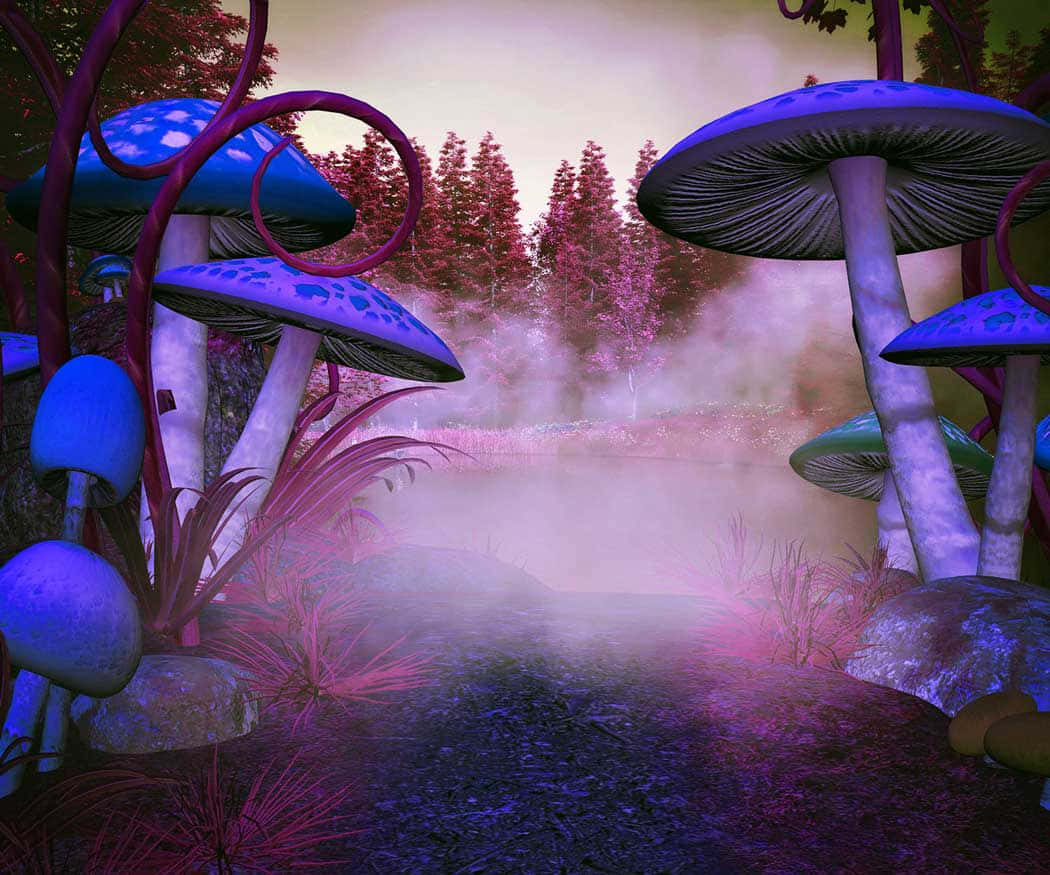 迷幻蘑菇的超現實色彩 壁紙 — 巨大的發光蘑菇框住一條迷霧小徑，穿過沐浴在紫色和粉紅色暮色中的超現實森林。