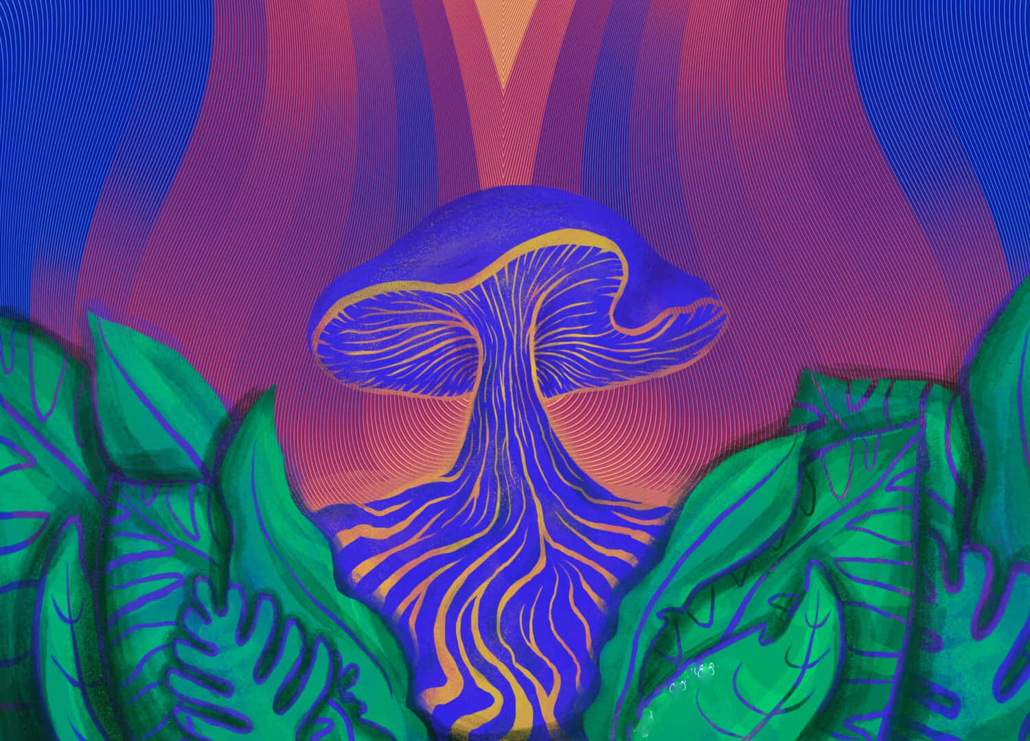 迷幻蘑菇的魔法世界 壁紙 — 一朵風格化的紫色蘑菇，帶有金色紋理，從茂密的綠色樹葉中冒出，背景是絢麗的漸變天空。