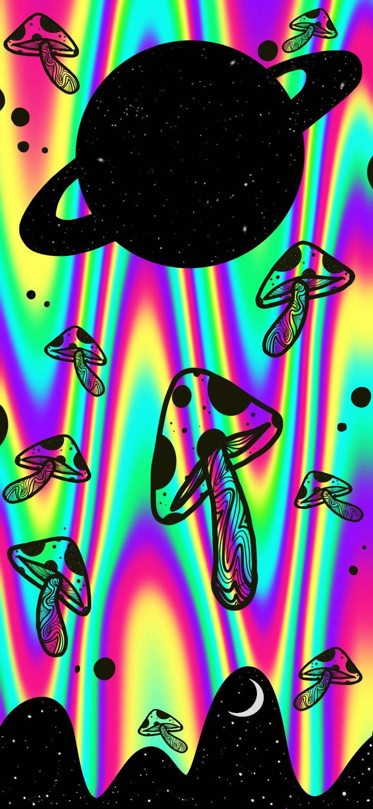 迷幻蘑菇與土星圖形 壁紙 — 充滿活力的迷幻壁紙，發光的蘑菇和黑色行星在彩虹條紋上。
