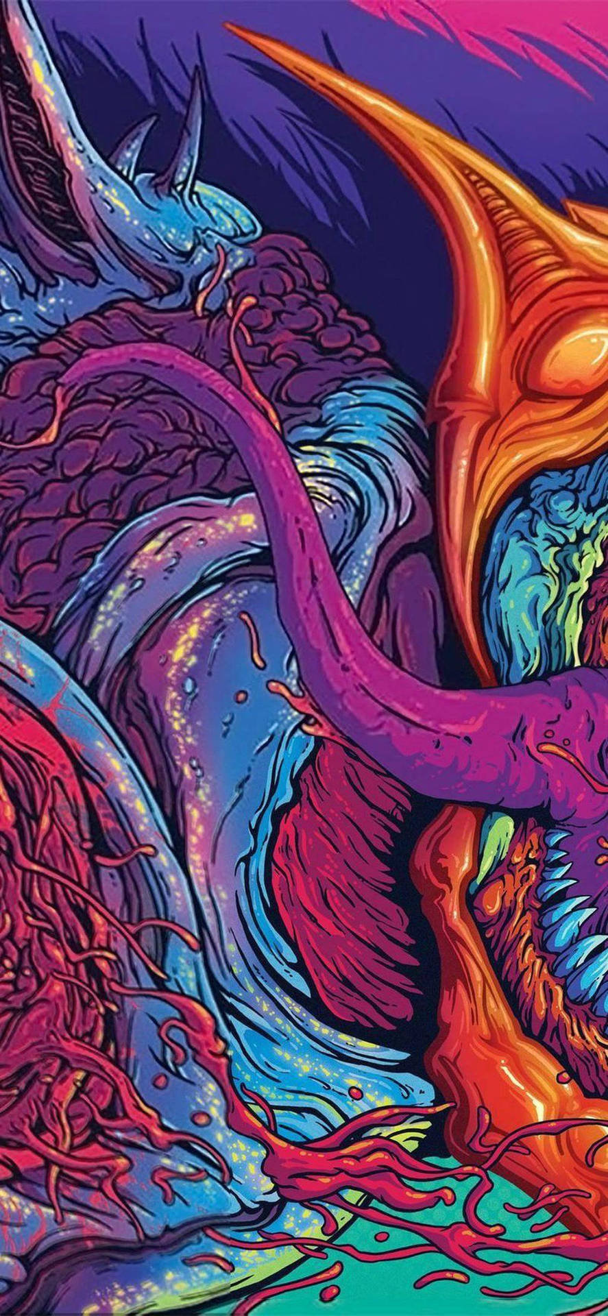 發光外星生物在鮮豔霓虹色彩中的超現實數位藝術作品。