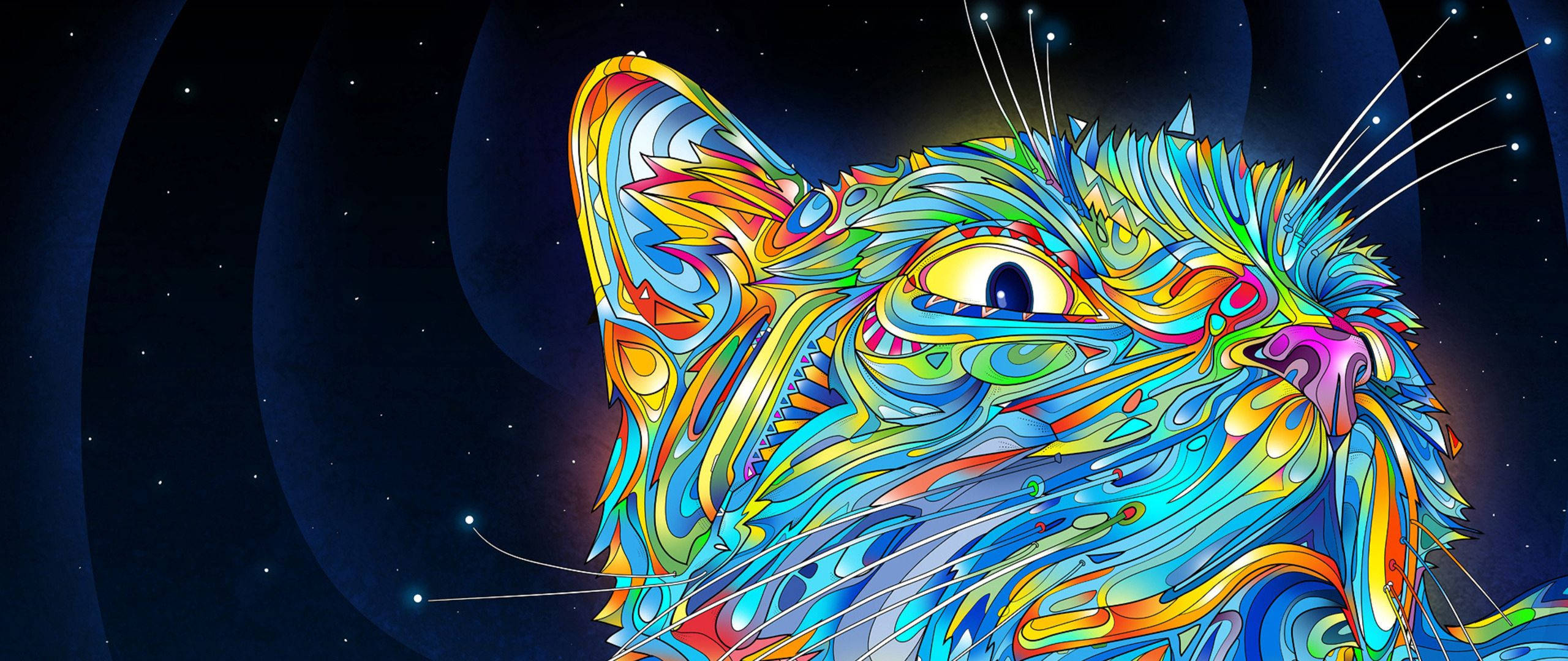 迷幻貓咪向量藝術 壁紙 — 一個色彩鮮豔的迷幻貓頭，帶有漩渦圖案，凝視著星空宇宙背景。