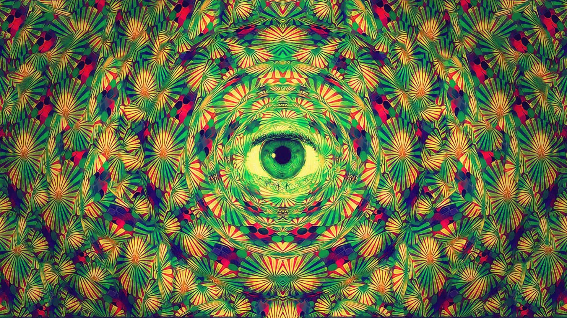 色彩繽紛的對稱圖案中心有一隻發光的綠色眼睛。