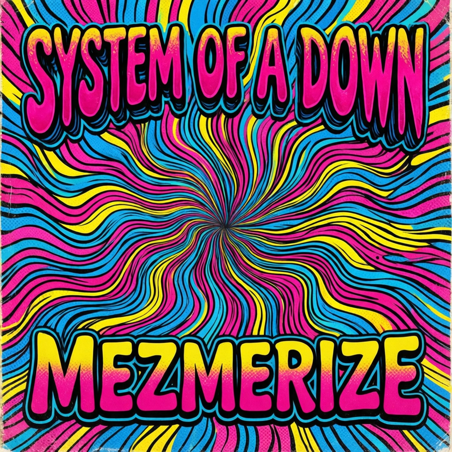 粗體文字顯示 System of a Down 和 Mezmerize，背景為迷幻漩渦。