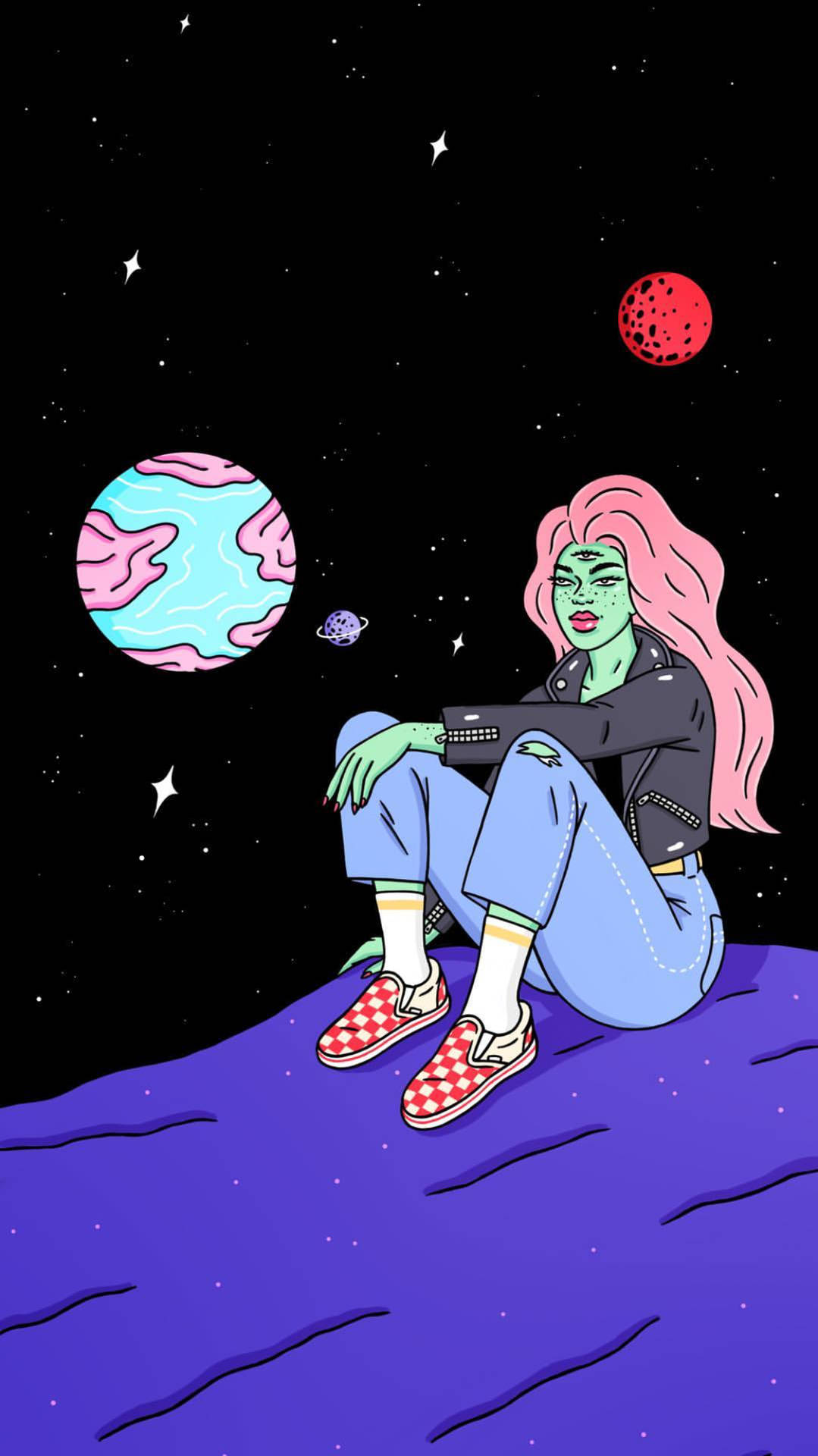 綠色皮膚、粉紅色頭髮的女人坐在紫色行星上，穿著格仔波鞋凝視著外星世界。