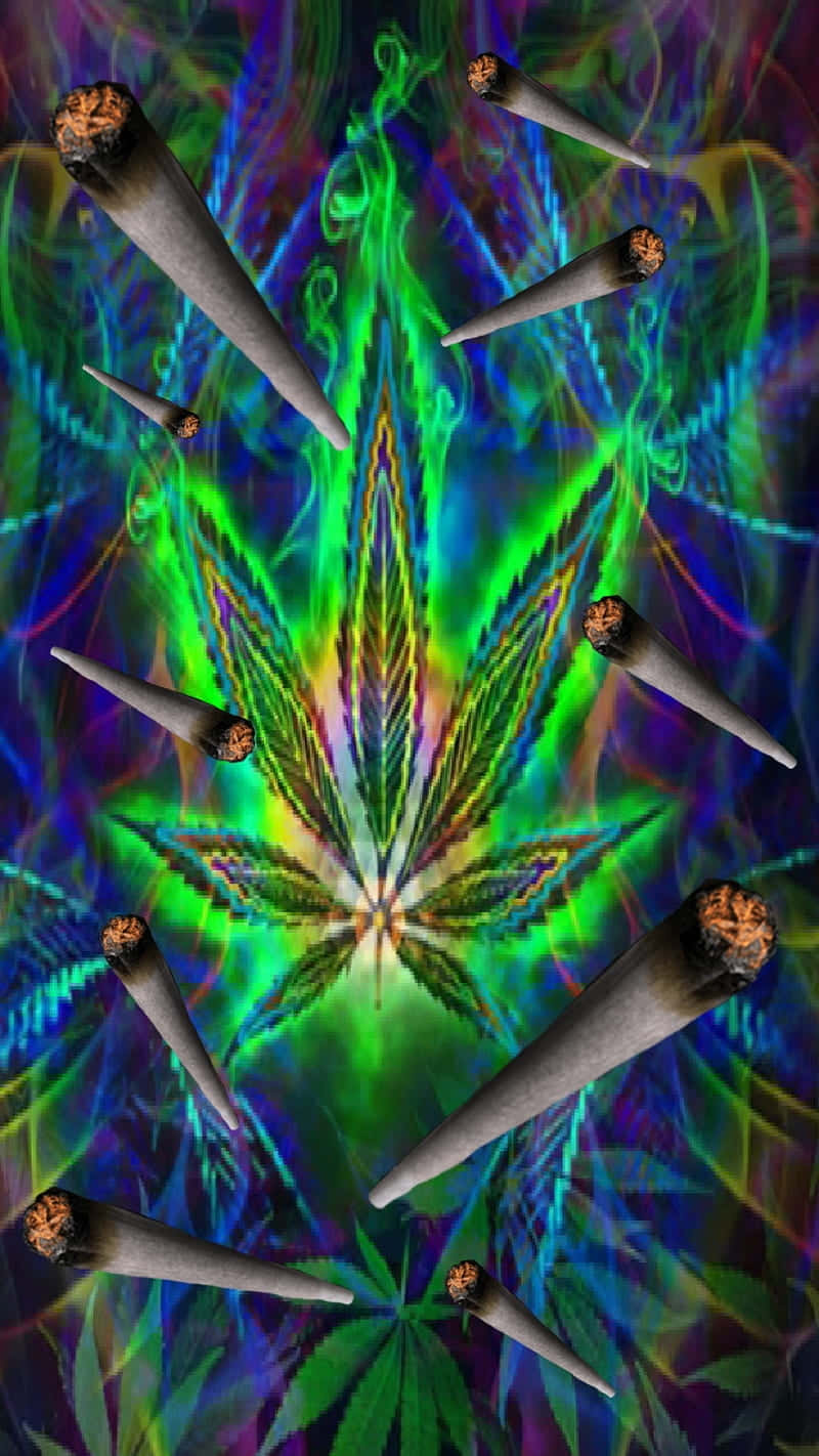迷幻風格大麻煙卷 壁紙 — 充滿活力的迷幻壁紙，帶有發光的綠色大麻葉和漂浮的關節，背景是旋轉的霓虹圖案。