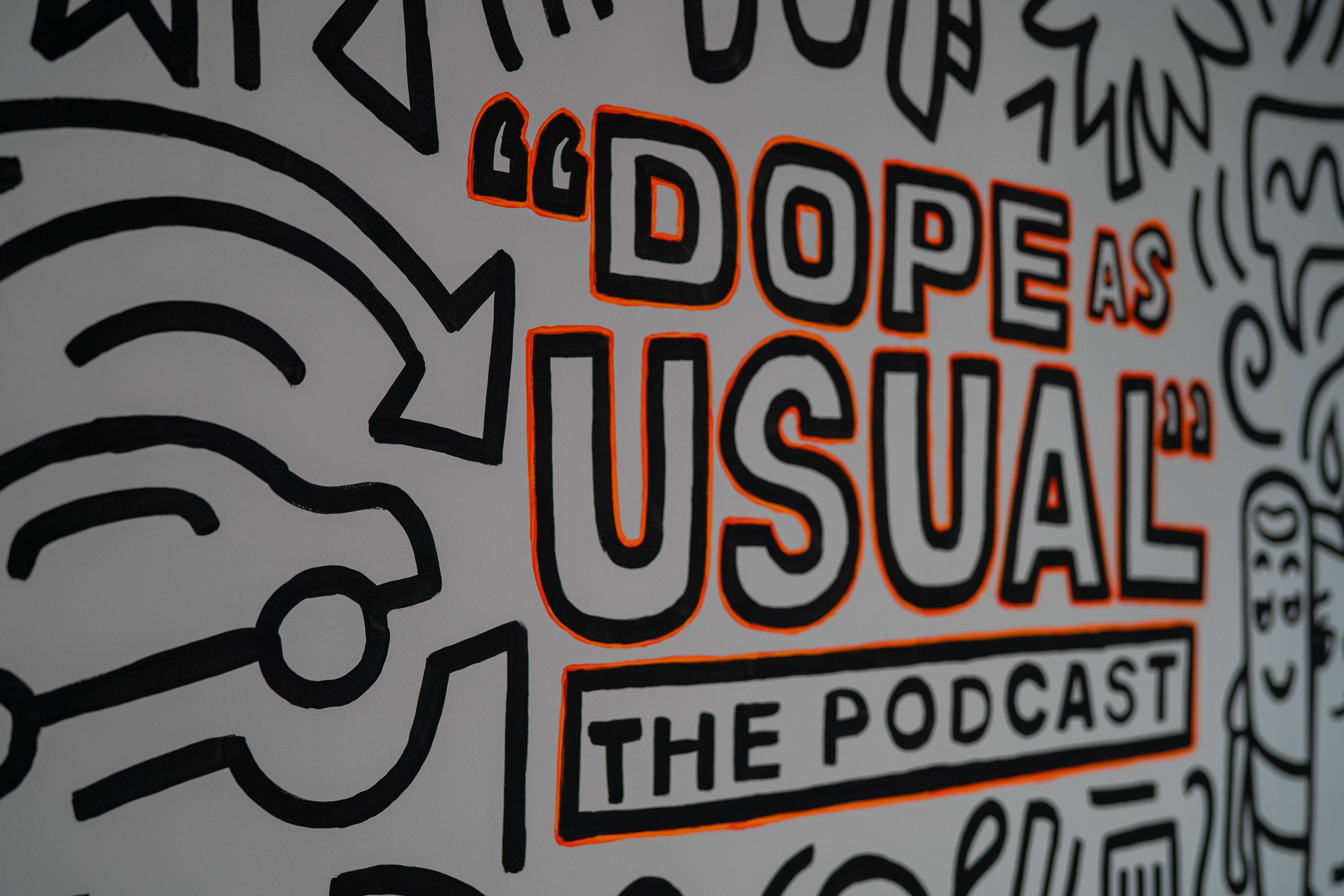 迷幻風格牆面塗鴉 壁紙 — 白色牆壁上以橙色和黑色寫著「DOPE AS USUAL THE PODCAST」的粗體塗鴉風格文字，周圍環繞著抽象塗鴉。