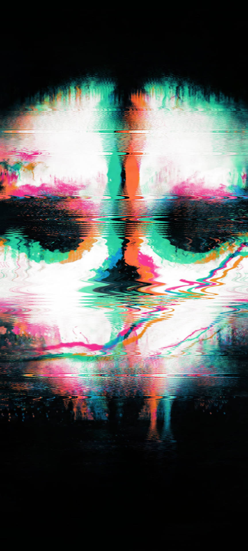 故障藝術面孔，霓虹色彩倒映在暗水中。