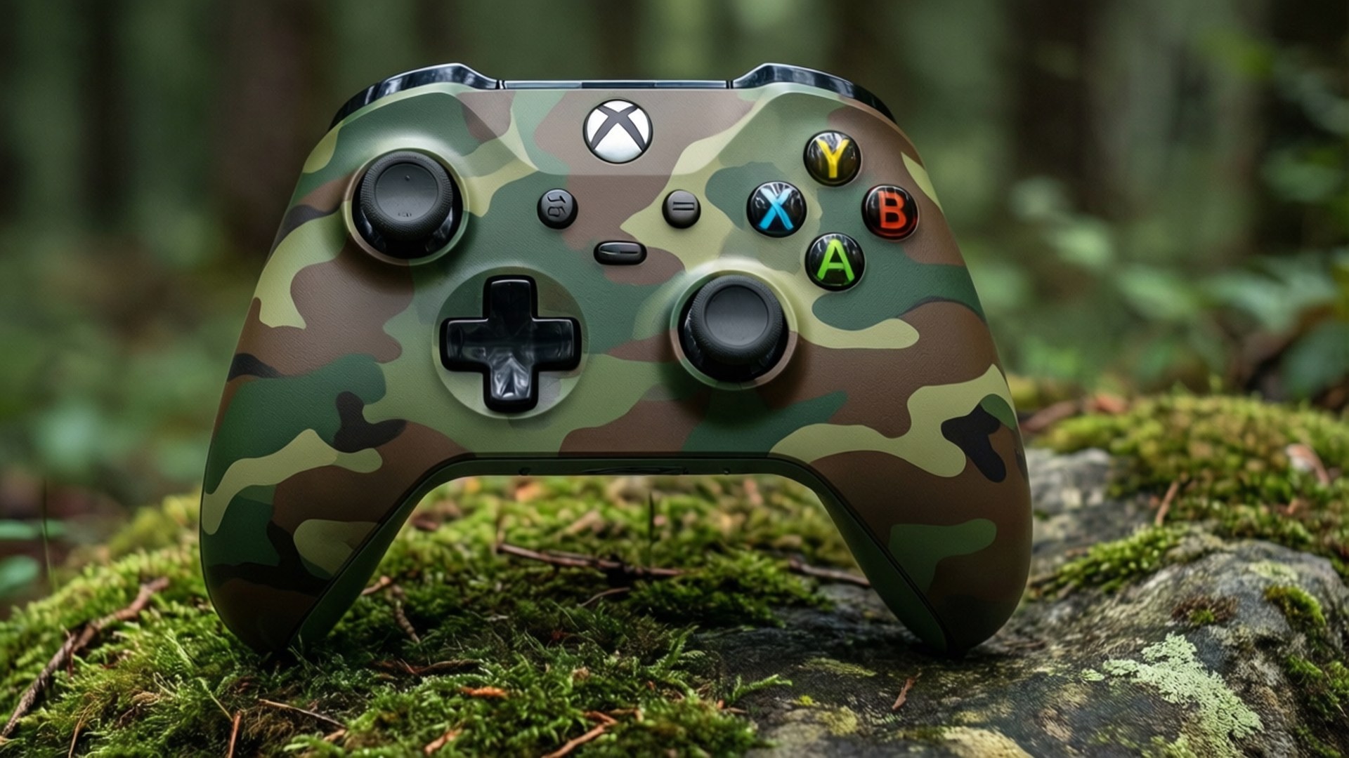 森林中長滿苔蘚的岩石上的迷彩Xbox手掣