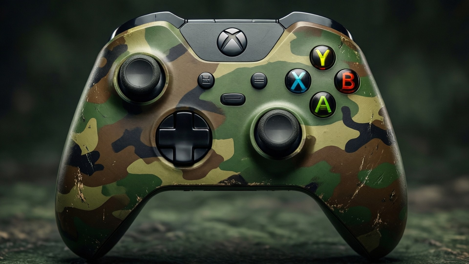 一個迷彩Xbox手掣，在長滿苔蘚的表面上可見磨損。
