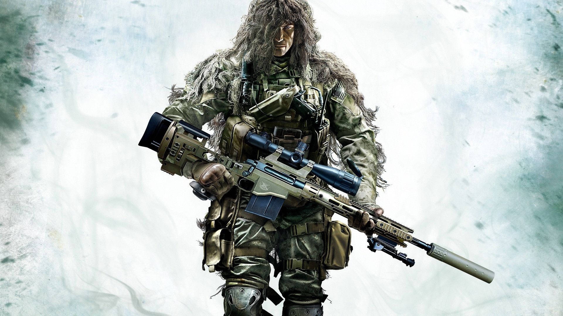 迷彩狙擊手士兵行動中 壁紙 — 一名穿著全套迷彩裝備的狙擊手，在雪地背景下手持高威力步槍，蓄勢待發。