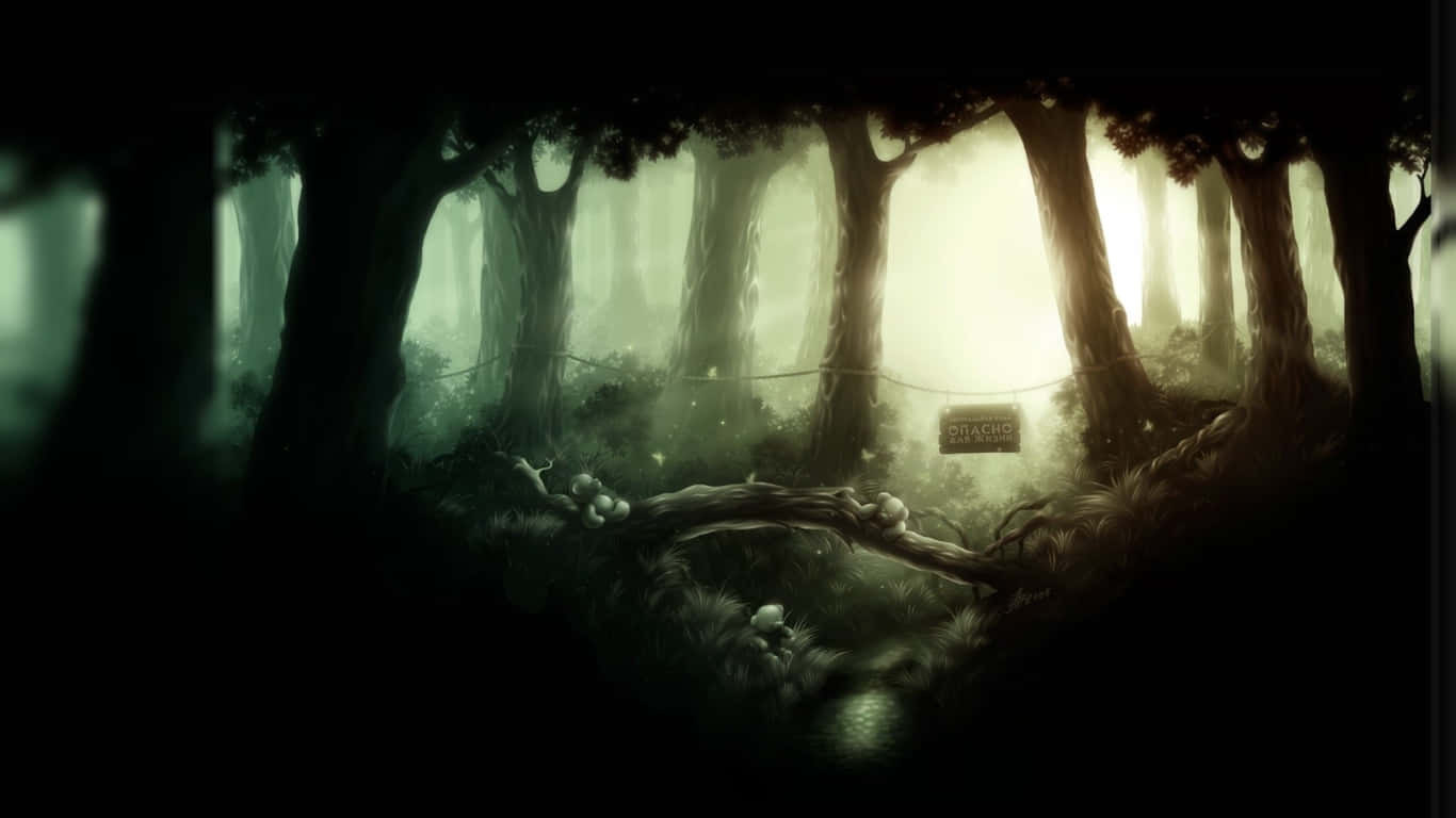Dark Tales 桌布 壁紙 — 迷霧森林散發著空靈的光芒，穿過高聳的樹木和長滿苔蘚的倒木。