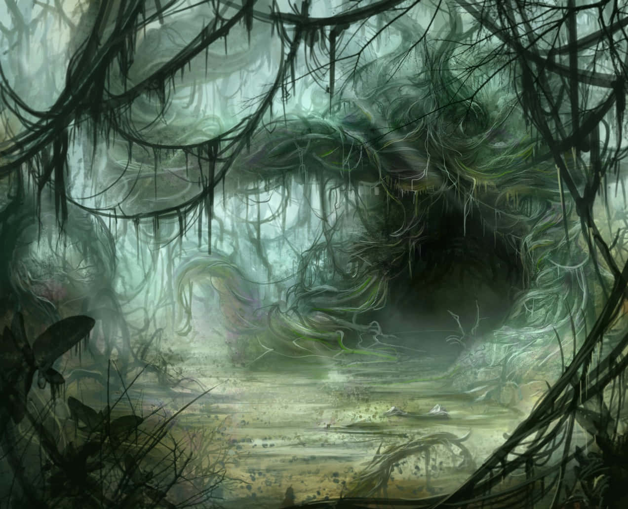 Dagobah 桌布 壁紙 — 迷霧沼澤森林，樹木扭曲，藤蔓懸垂，營造出詭異而美麗的陰森氛圍。