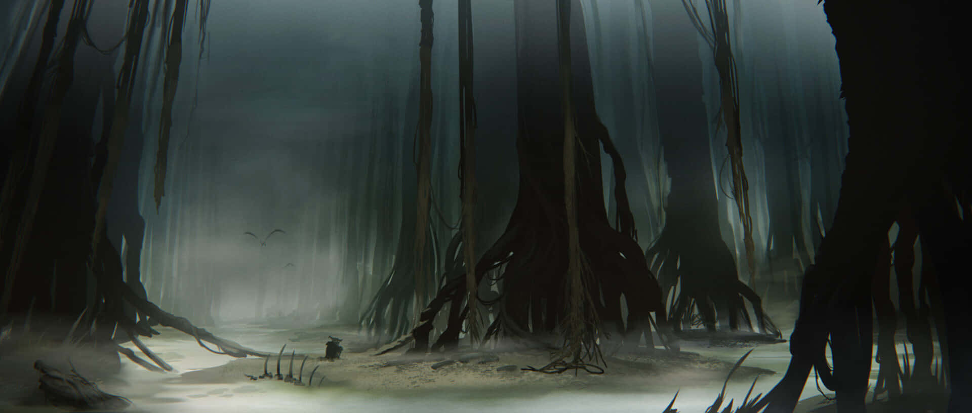 Dagobah 桌布 壁紙 — 迷霧沼澤森林，高聳扭曲的樹木，昏暗光線下閃爍的霧氣。