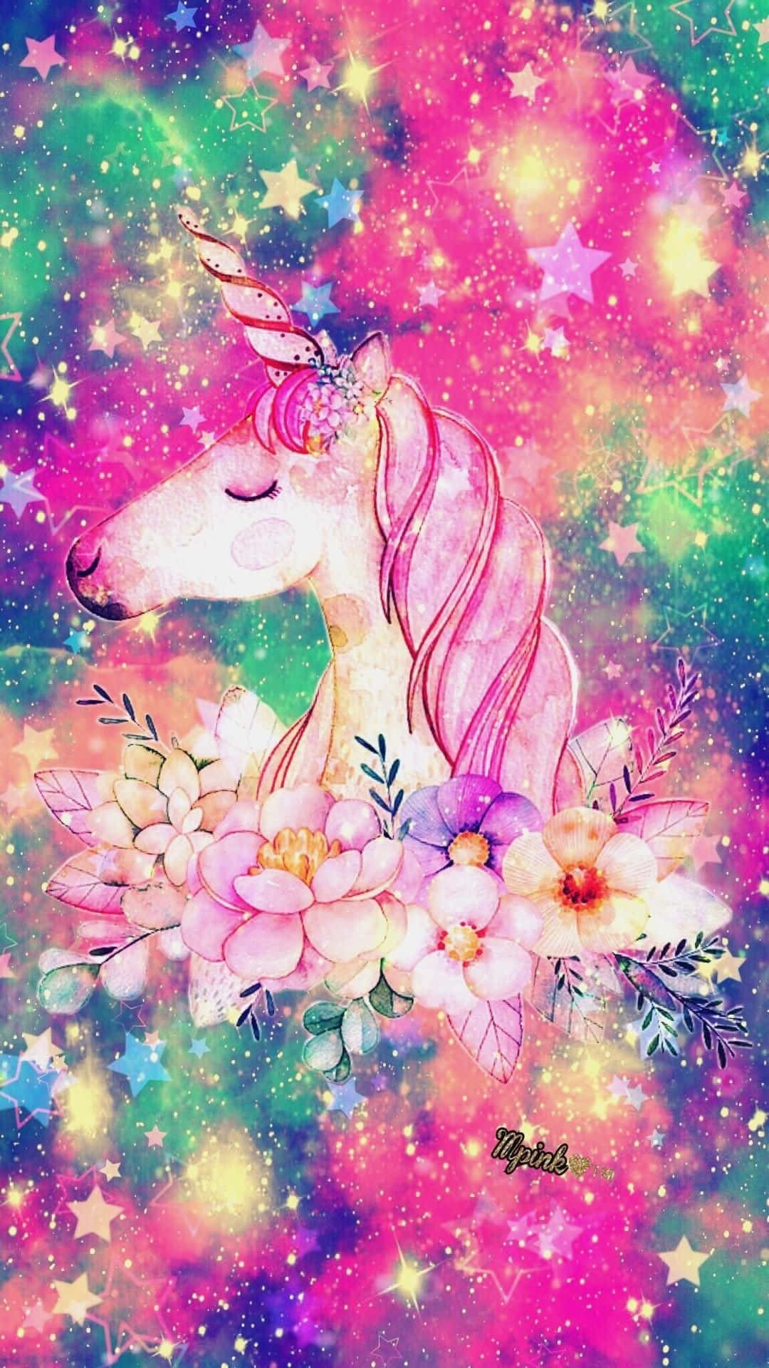 在色彩繽紛的星空中，一隻粉紅色獨角獸被花朵環繞。