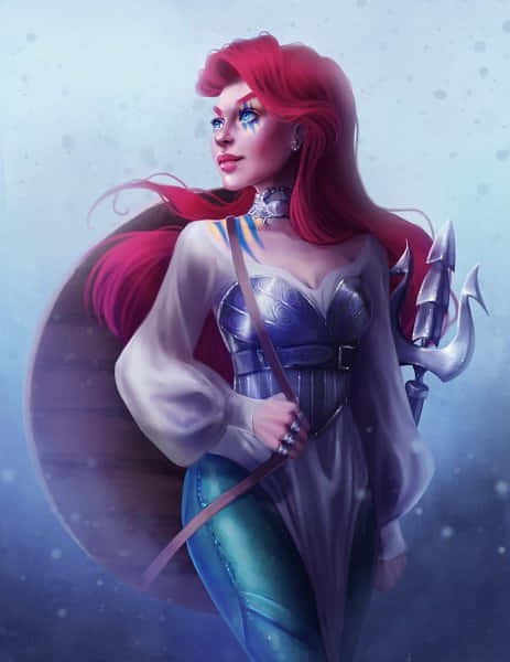 一位紅髮美人魚戰士身穿盔甲，在雪中手持三叉戟和盾牌。