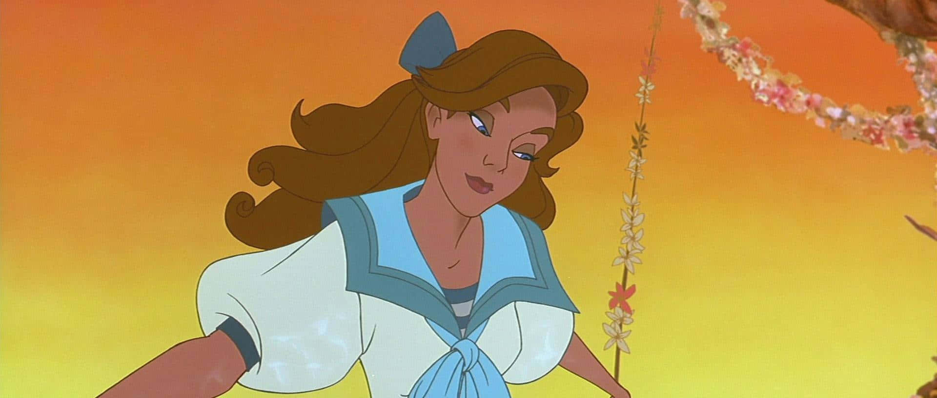 穿著水手服的動畫女孩在日落時微笑，旁邊有花朵
