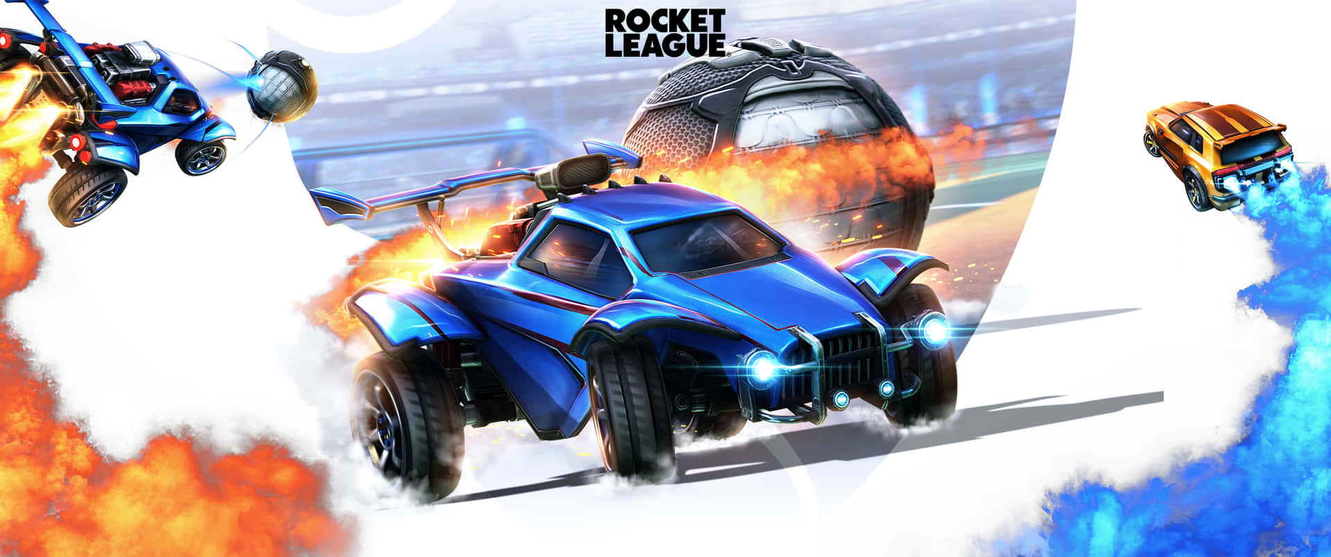 Rocket League賽車在體育場內以火焰和煙霧效果競速。