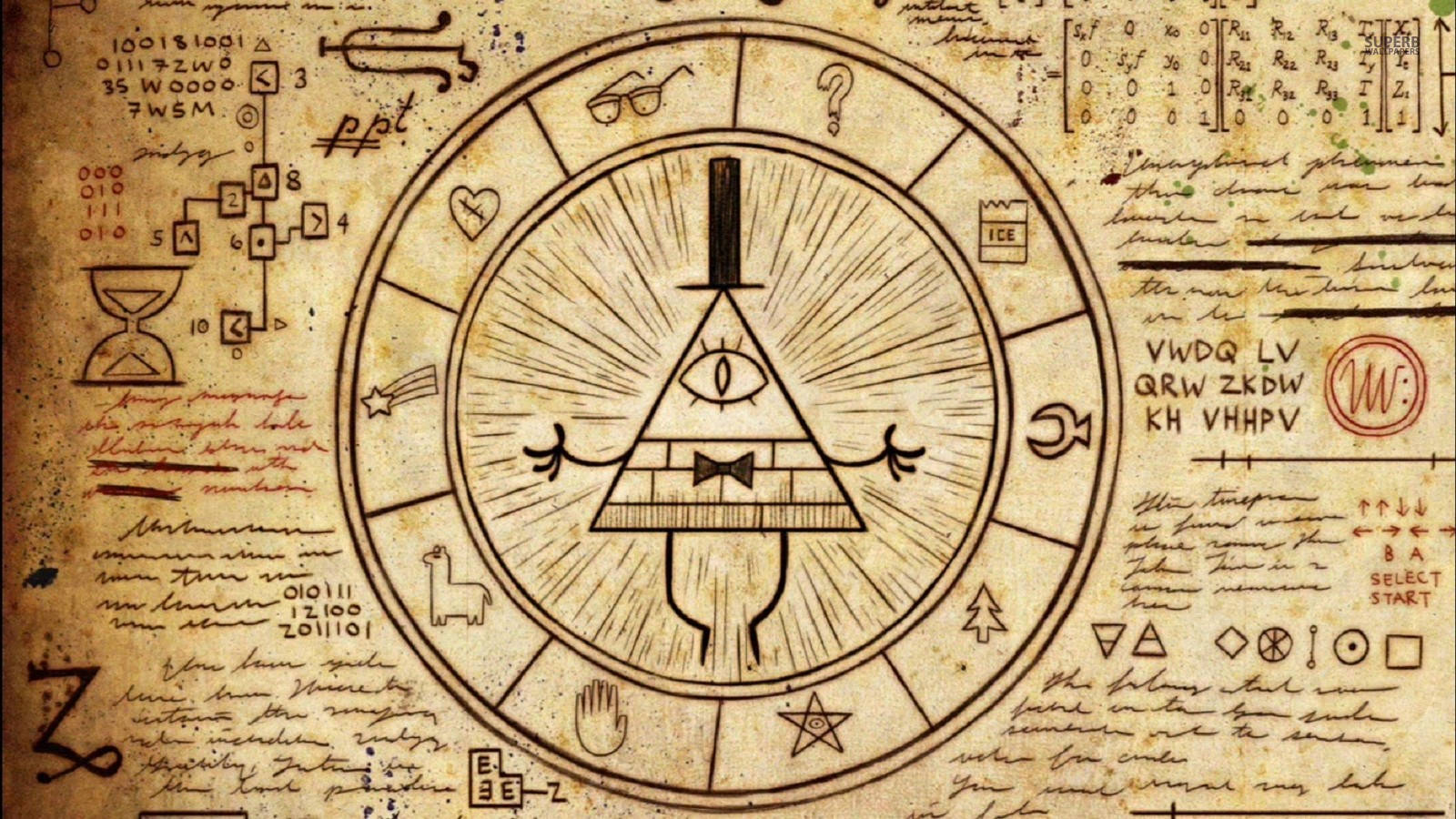 神秘金字塔帶有眼睛，周圍環繞著羊皮紙上的神秘符號。