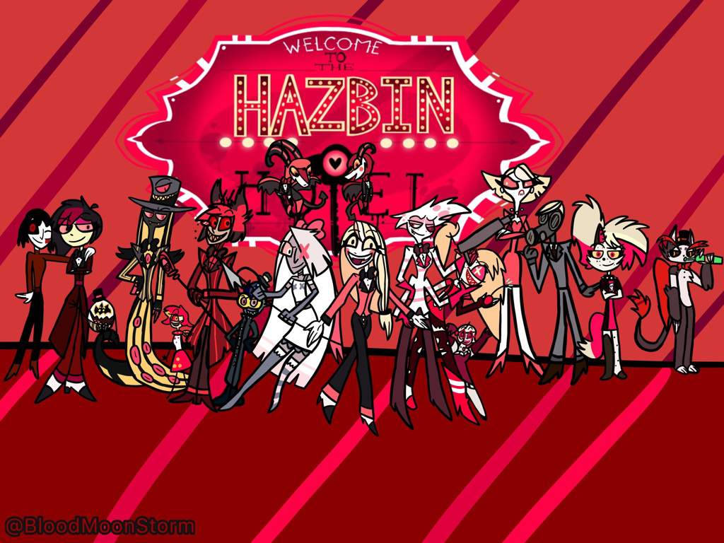 Hazbin Hotel 動畫角色在紅色招牌前擺姿勢。