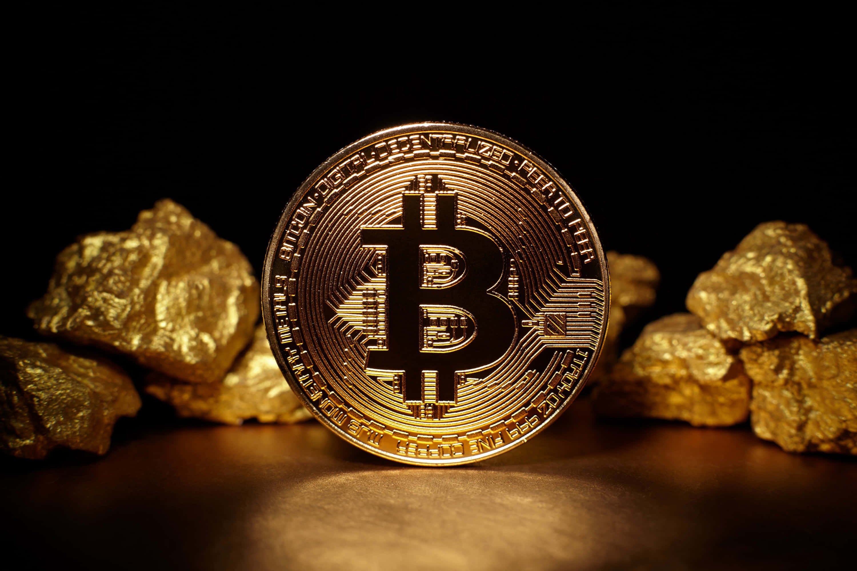 追蹤比特幣對美元的價格波動 壁紙 — 一枚閃閃發光的金色比特幣硬幣放在粗糙的金塊之間，在黑色背景上戲劇性的聚光燈下。