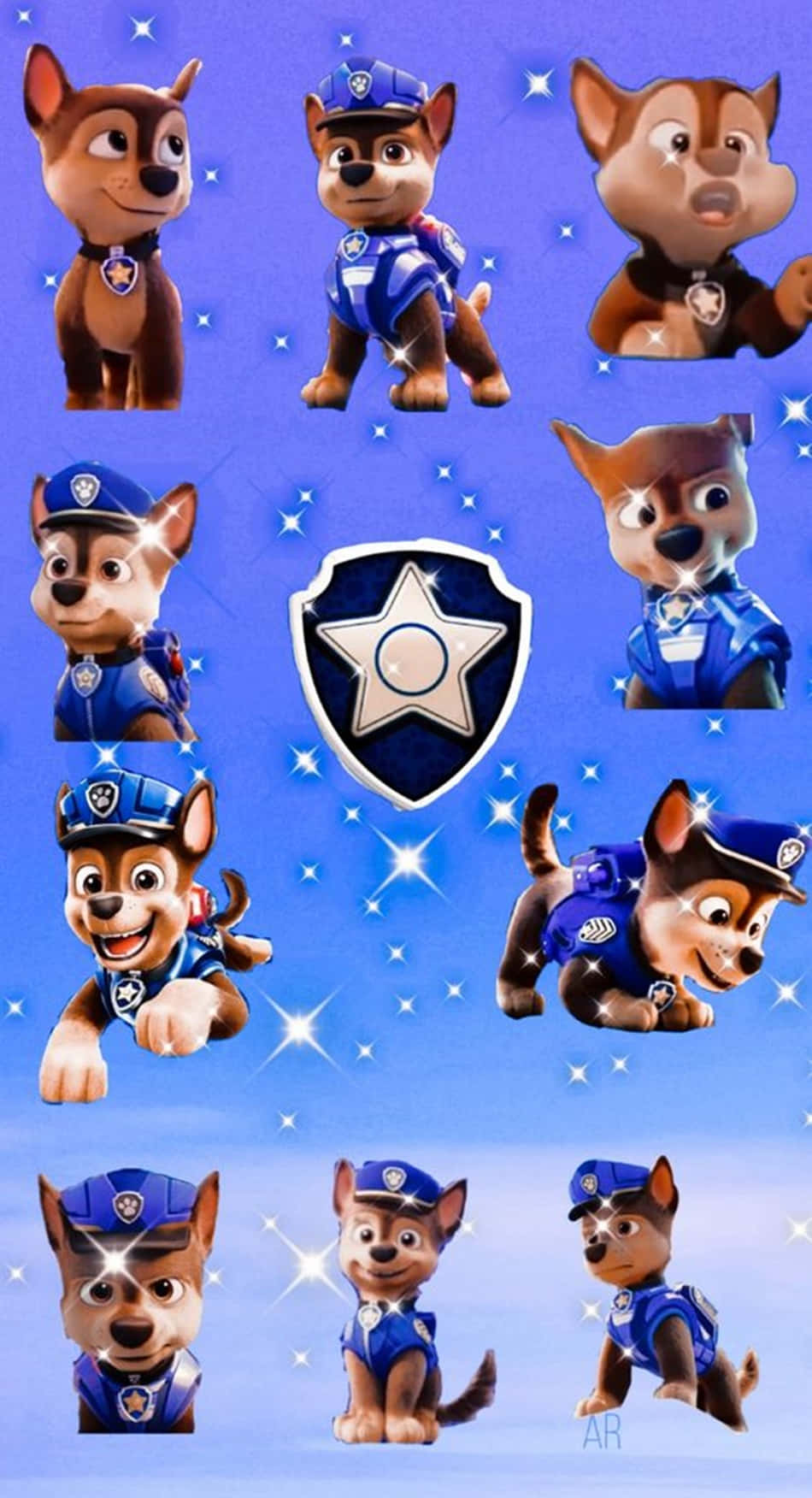 九隻Paw Patrol小狗穿著警察制服，在閃爍的藍色背景上圍繞星星徽章。