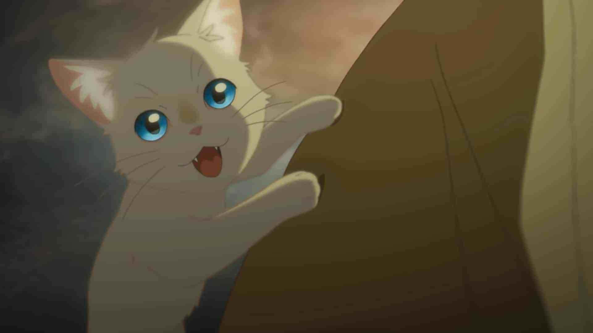 追逐夢想 ——《A Whisker Away》 壁紙 — 一隻白色動漫貓咪，擁有明亮的藍色眼睛，在溫暖昏暗的光線下好奇地從木質表面後方窺視。