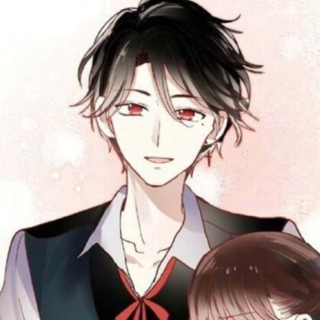 紅眼睛的動畫男孩抱著一個穿校服的女孩。