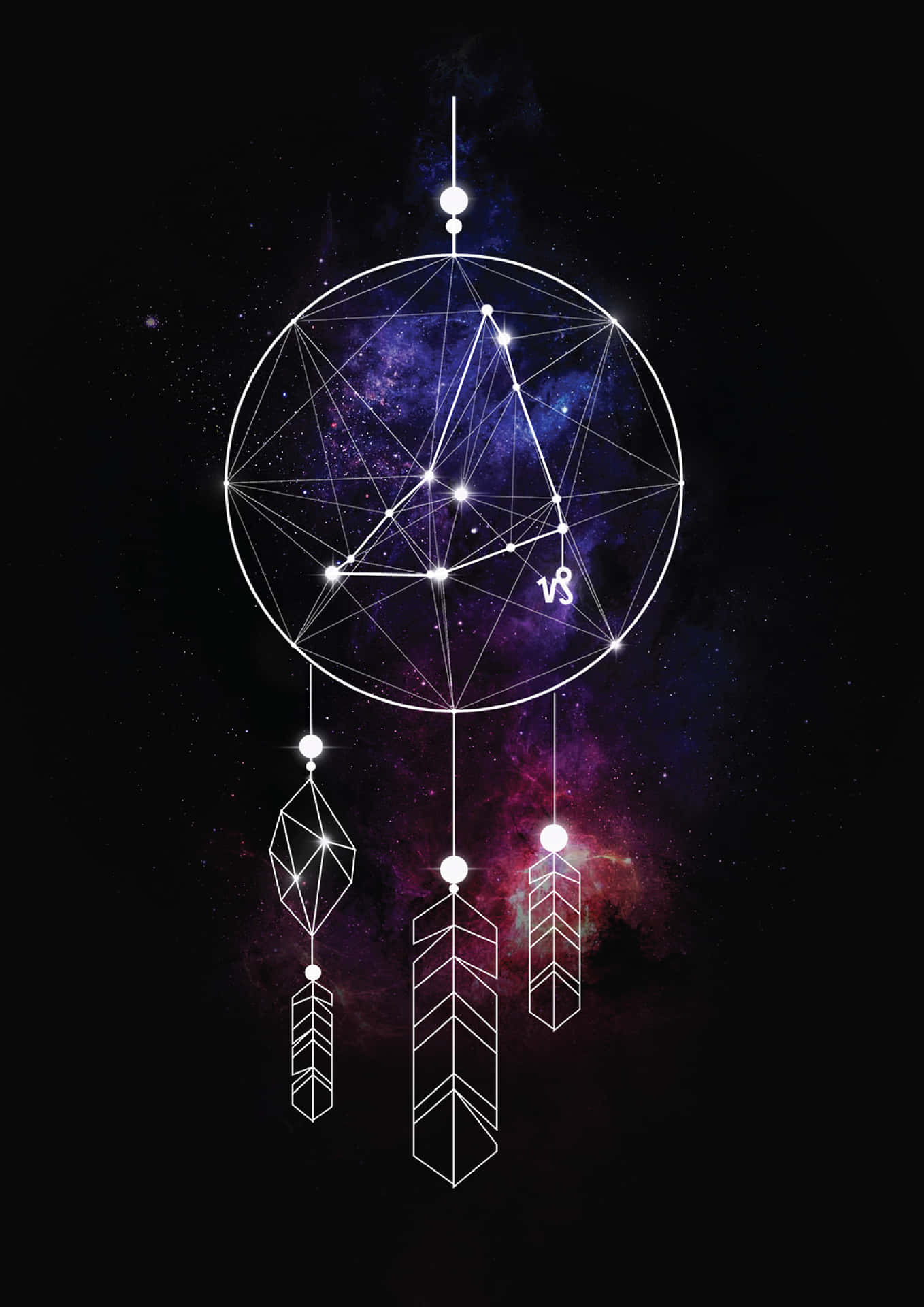 一個白色線條捕夢網，帶有羽毛，在色彩繽紛的宇宙星雲背景前。