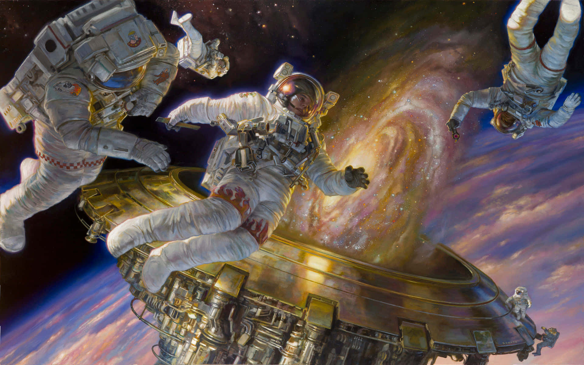 太空人在太空船附近的太空中漂流，身後是色彩繽紛的星系。