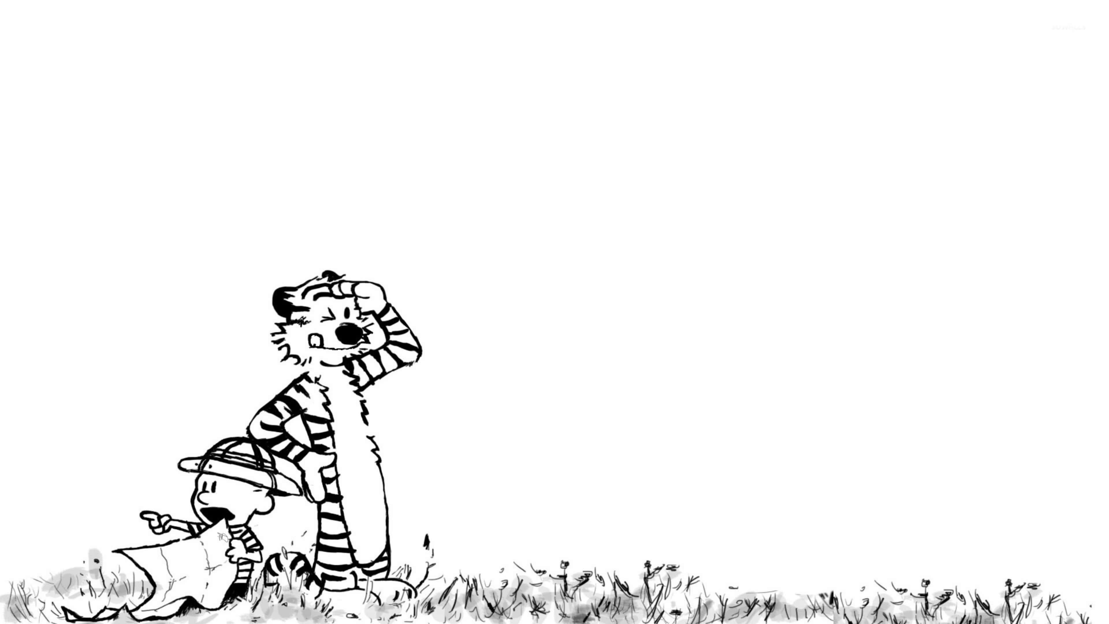 追隨你的想像力 - Calvin與Hobbes 4K 壁紙 — 卡爾文和霍布斯站在草地上，霍布斯向上看，卡爾文指著地圖。