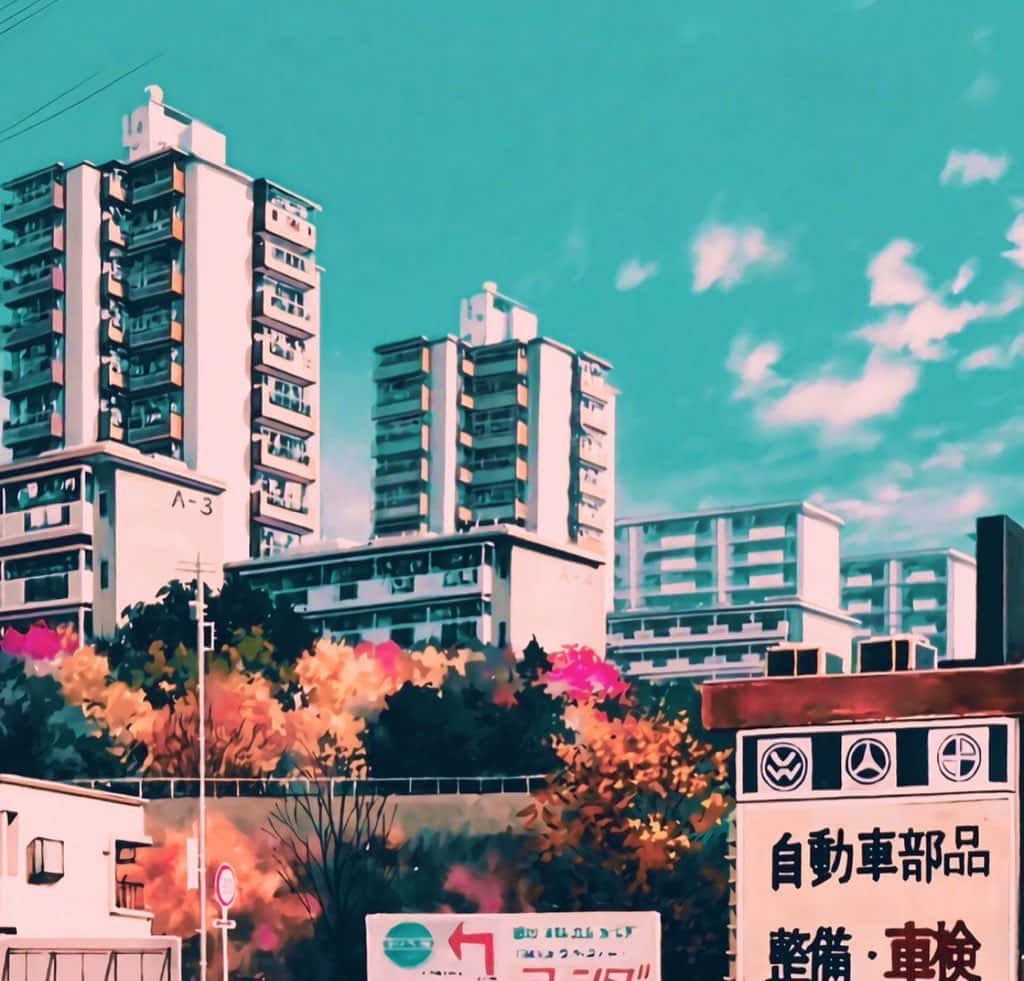城市景觀，包括公寓大樓、秋日樹木和日文標誌，在青綠色天空下。