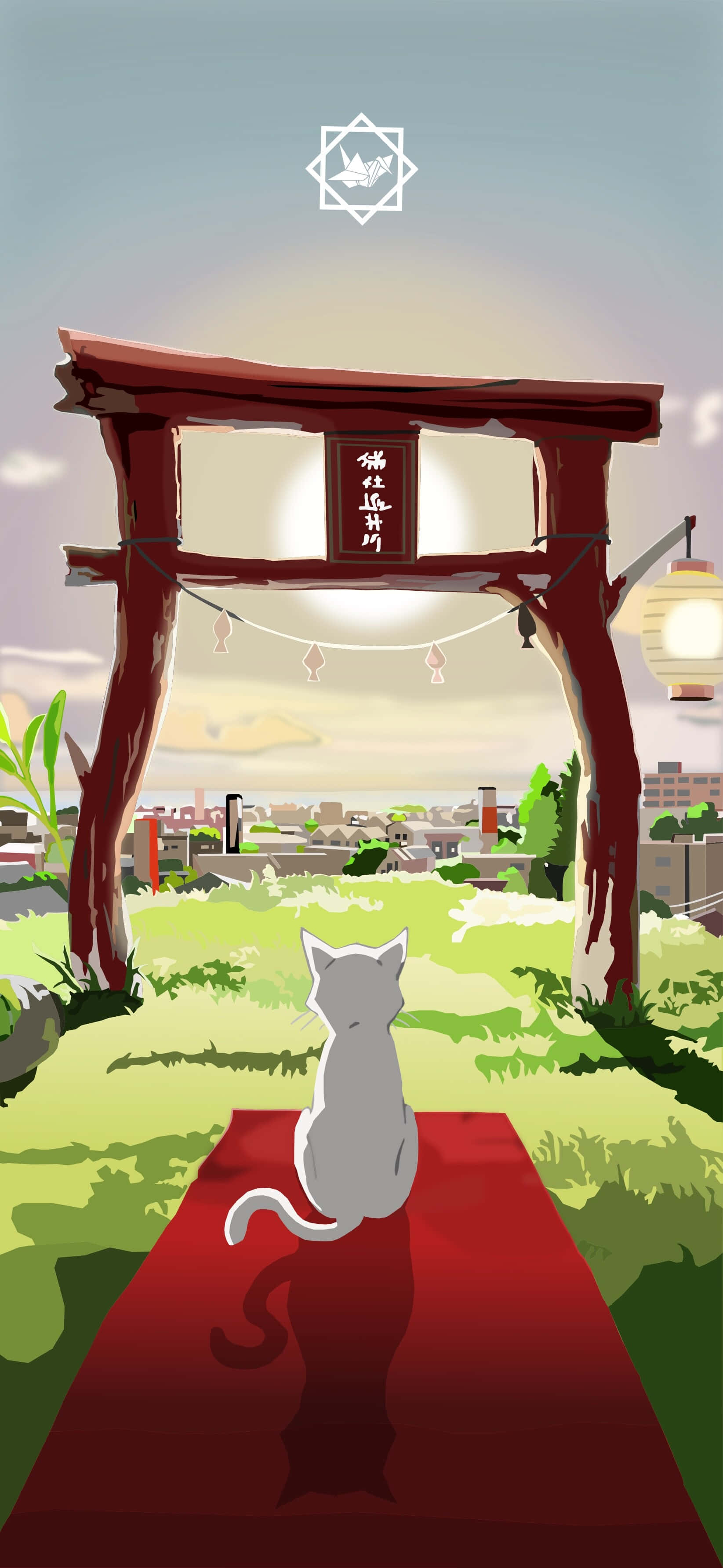 追隨夢想，讓它帶你一 whisker 之隔 壁紙 — 一隻白貓坐在紅色地毯上，位於傳統日本鳥居下方，俯瞰黃昏時分的城市景觀。