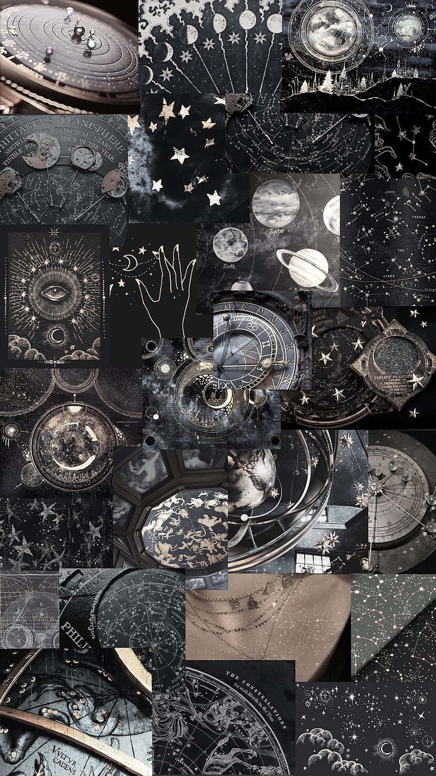 復古天文學拼貼畫，以單色調呈現天體圖、行星和恆星。