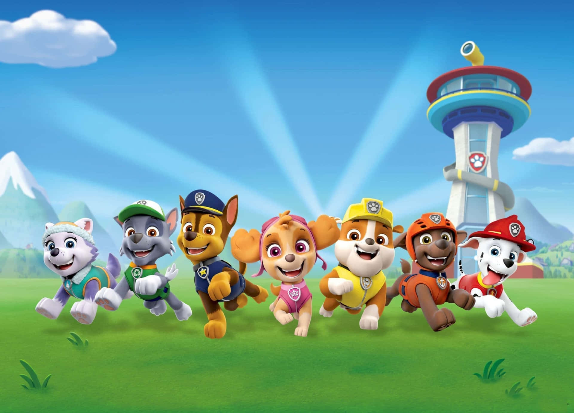 Paw Patrol 小狗在草地上奔跑，朝向背景有山脈的塔樓。 — 汪汪隊 壁紙
