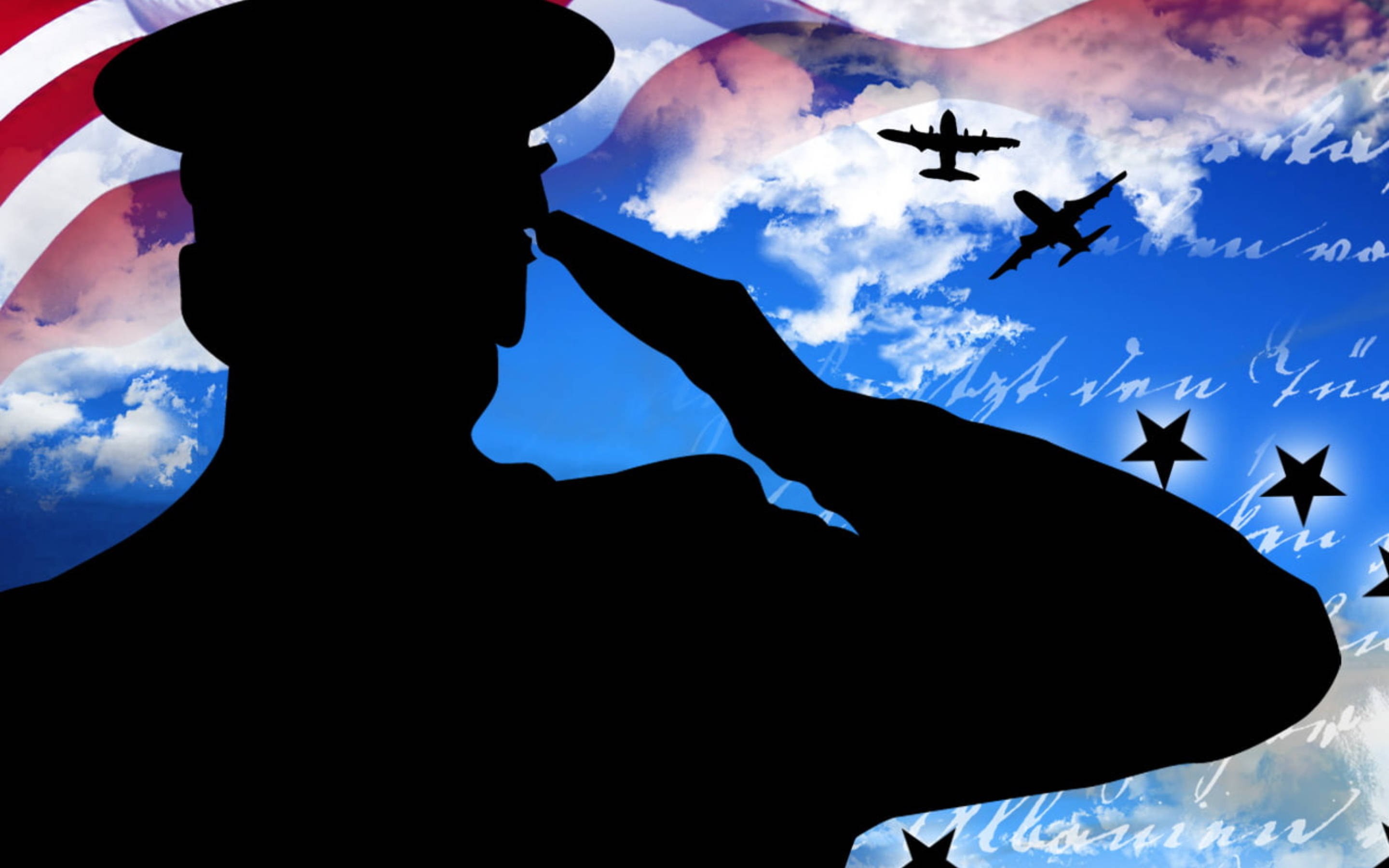 退伍軍人日敬禮剪影 壁紙 — 一名士兵在愛國天空下敬禮的剪影，天空中有飛行的飛機和星星。