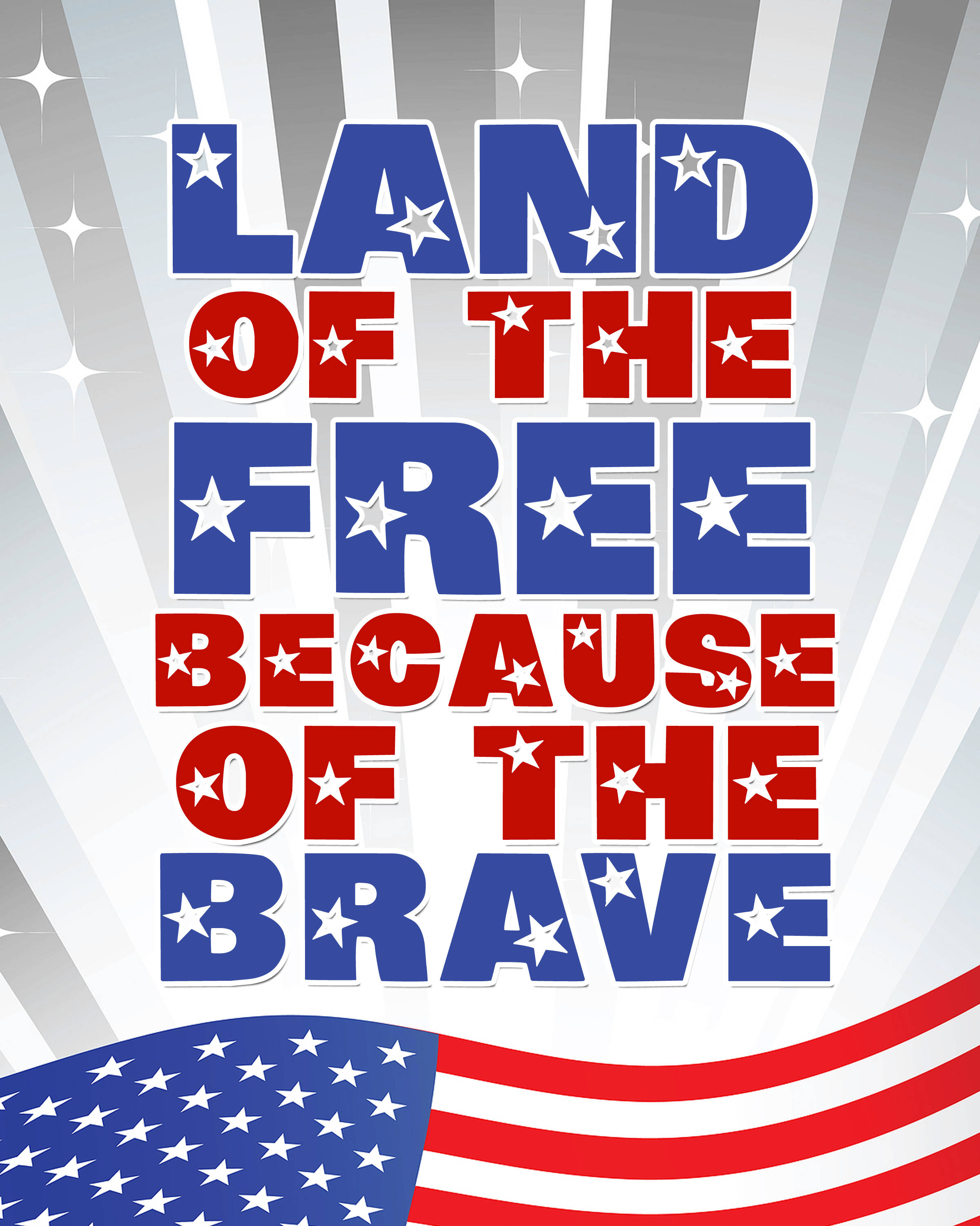 退伍軍人日自由之地 壁紙 — 大膽的愛國文字「Land of the Free Because of the Brave」，以紅、藍、白色呈現，並帶有星星和美國國旗圖案。