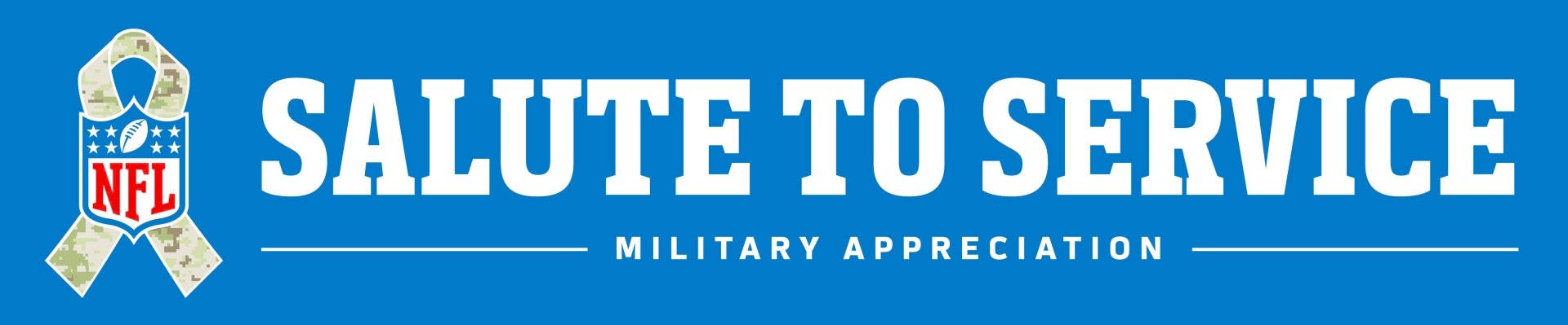 退伍軍人日軍事致敬 壁紙 — 大膽的藍色橫幅，白色文字寫著 salute to service 和 military appreciation，旁邊有 NFL 標誌絲帶。