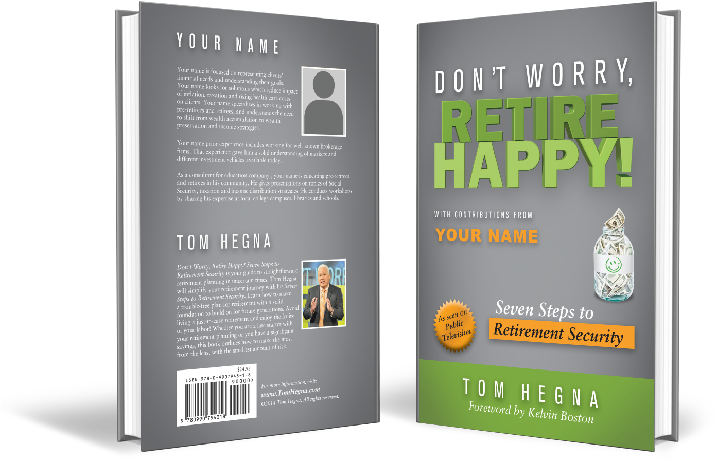 《退休快樂》書籍封面 壁紙 — 《Don't Worry, Retire Happy!》的書籍封面，採用粗體綠色標題、作者照片和灰色及綠色背景上的錢罐圖標。