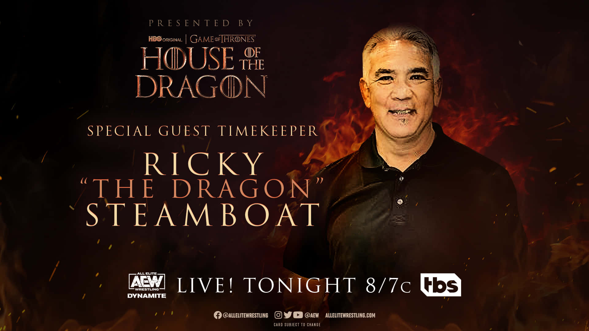 Ricky Steamboat 作為 AEW Dynamite 的特別嘉賓計時員，帶有熾熱背景和 HBO 品牌標識。