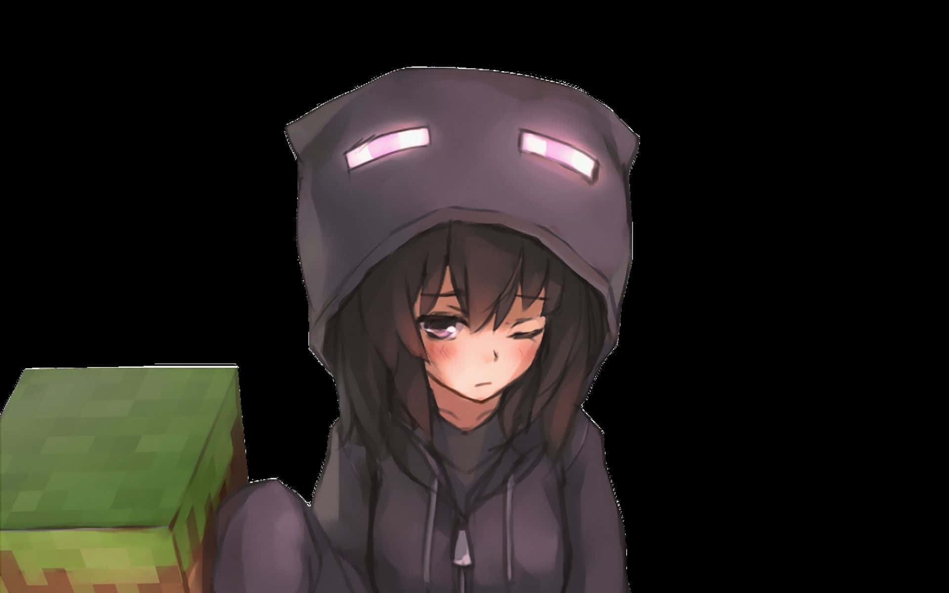 動漫女孩穿著苦力怕連帽衫手持草方塊