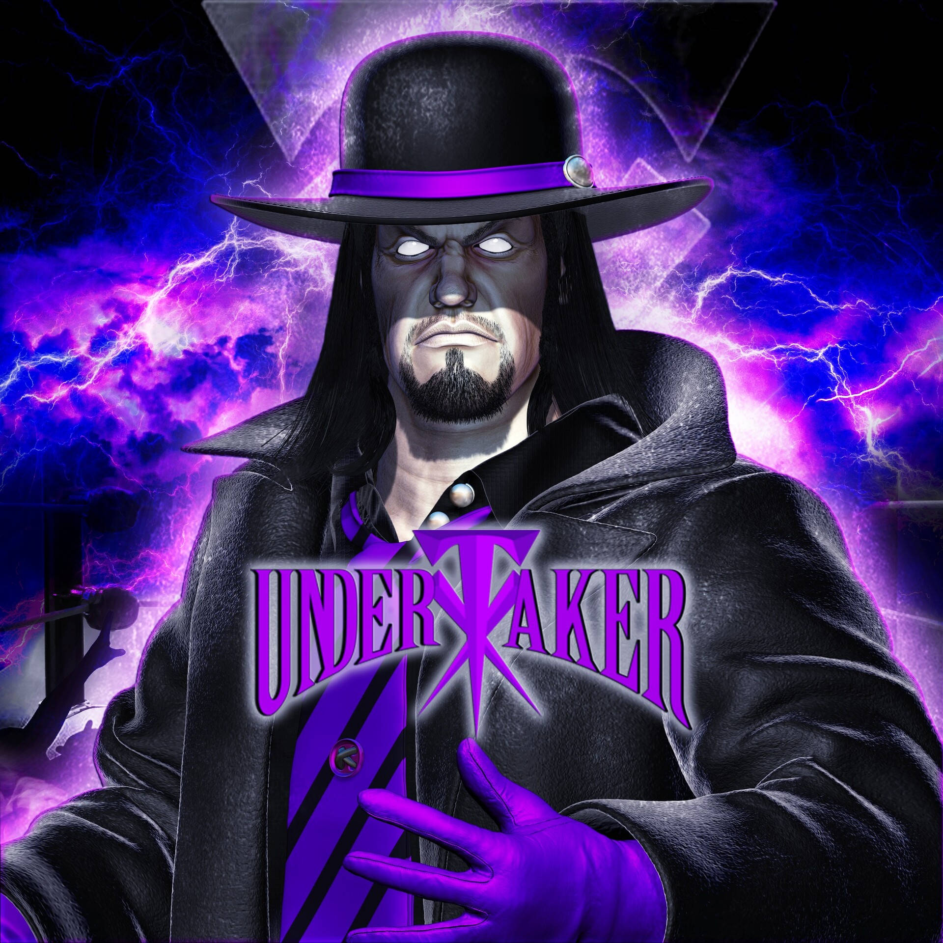 送葬者數位藝術 壁紙 — The Undertaker 身穿黑色外套和帽子，在暴風雨般的紫色閃電背景下威風凜凜地站著，他的名字閃閃發光。